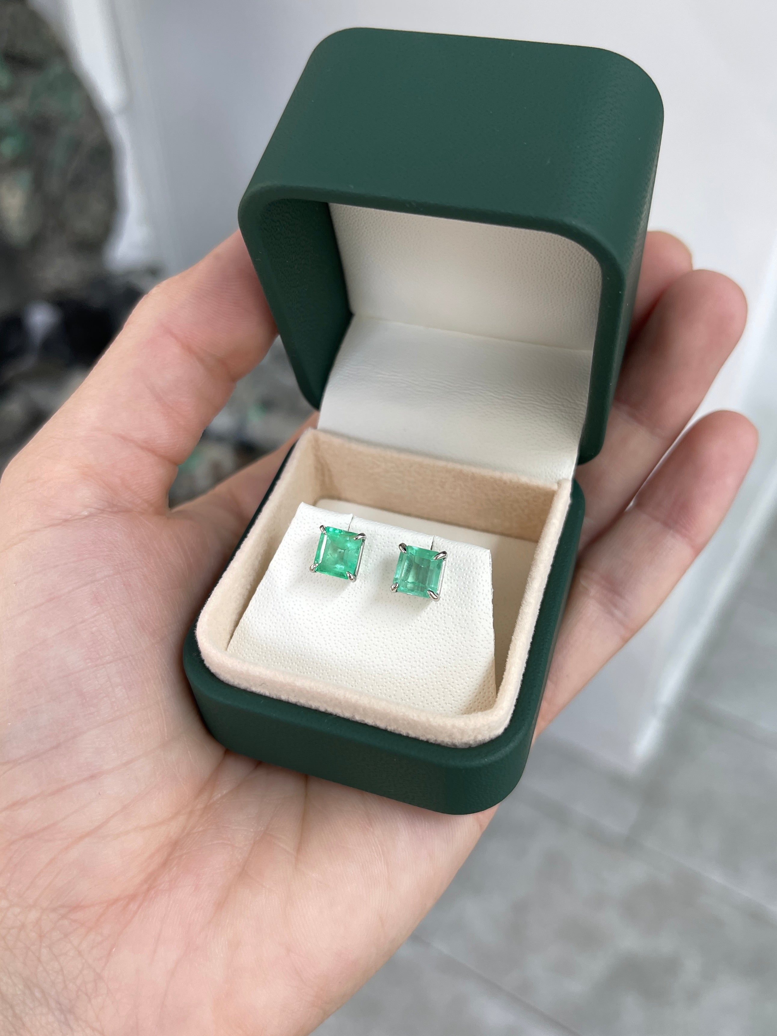 2.60tcw Asscher Cut Hand Crafted Emerald Stud Earrings White Gold 14K