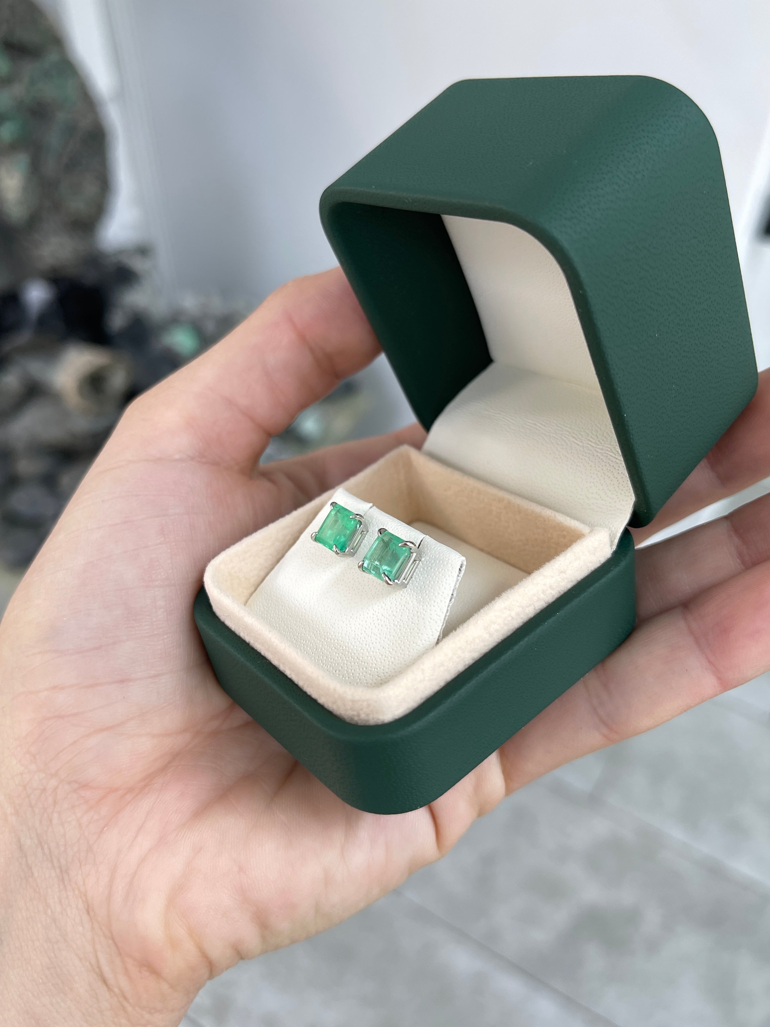 2.60tcw Asscher Cut Hand Crafted Emerald Stud Earrings White Gold 14K