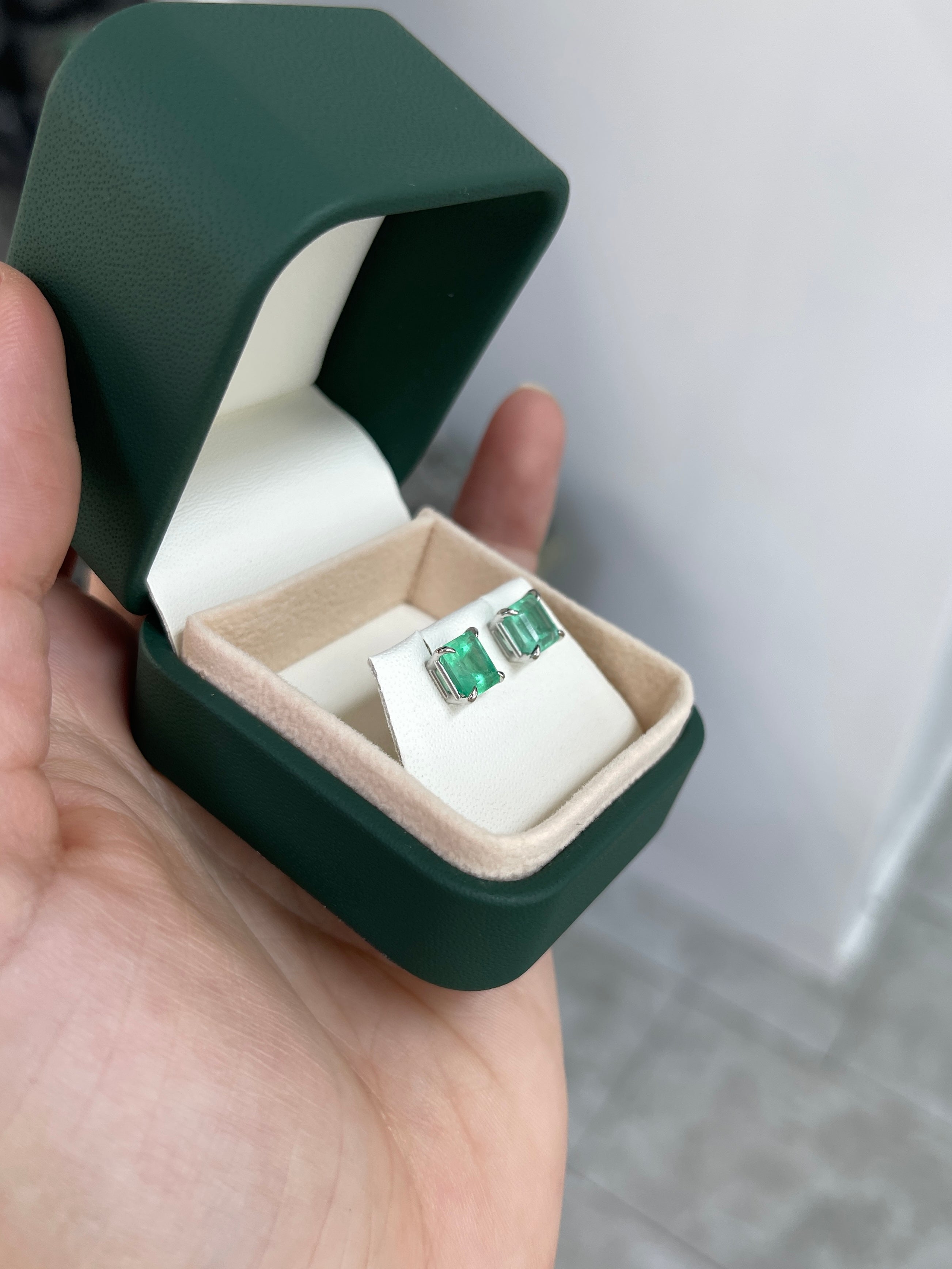 2.60tcw Asscher Cut Hand Crafted Emerald Stud Earrings White Gold 14K