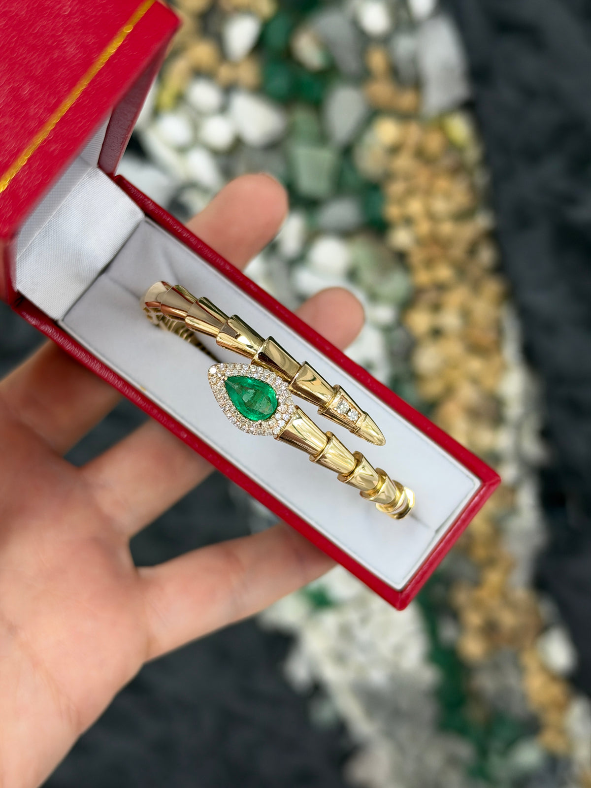 1.55tcw 14K Vivid Green Pear Emerald & Diamond Serpent Bangle Bracelet
