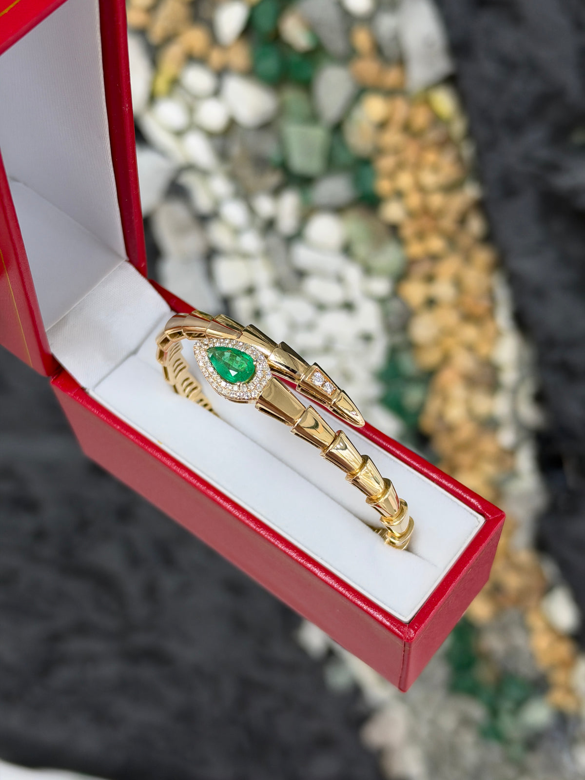 1.55tcw 14K Vivid Green Pear Emerald & Diamond Serpent Bangle Bracelet