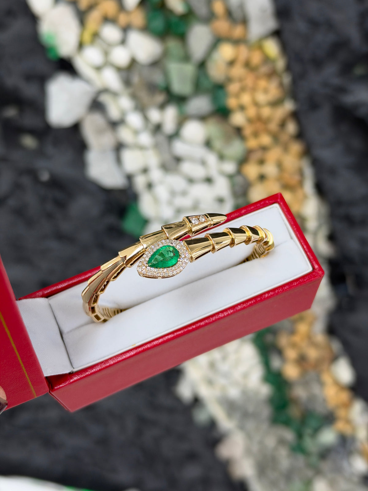 1.55tcw 14K Vivid Green Pear Emerald & Diamond Serpent Bangle Bracelet