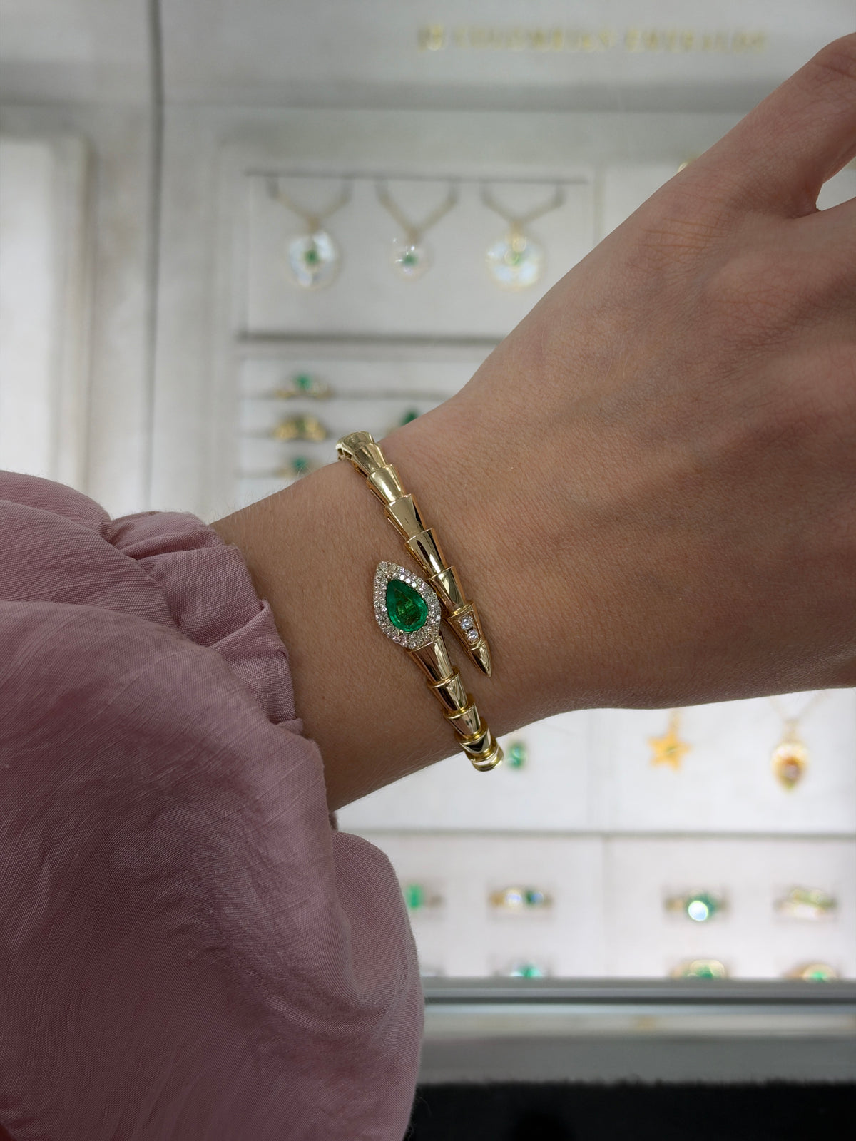 1.55tcw 14K Vivid Green Pear Emerald & Diamond Serpent Bangle Bracelet