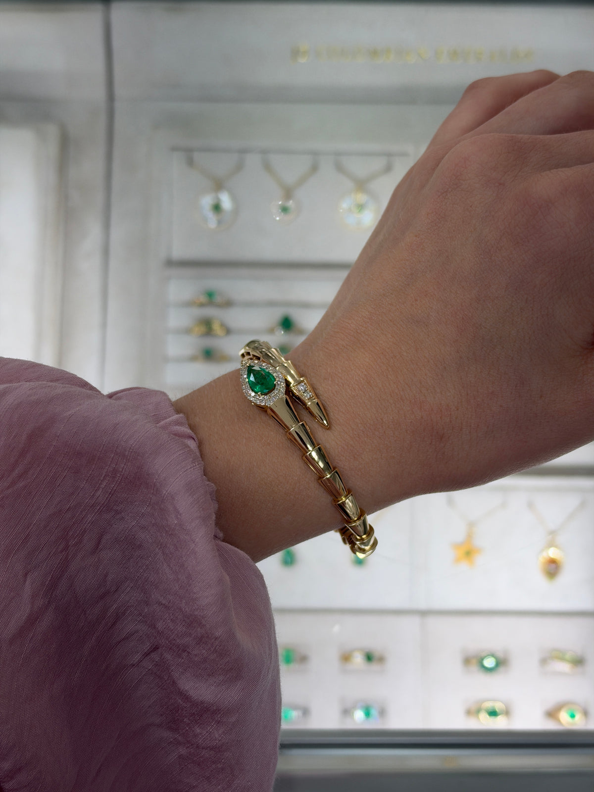 1.55tcw 14K Vivid Green Pear Emerald & Diamond Serpent Bangle Bracelet
