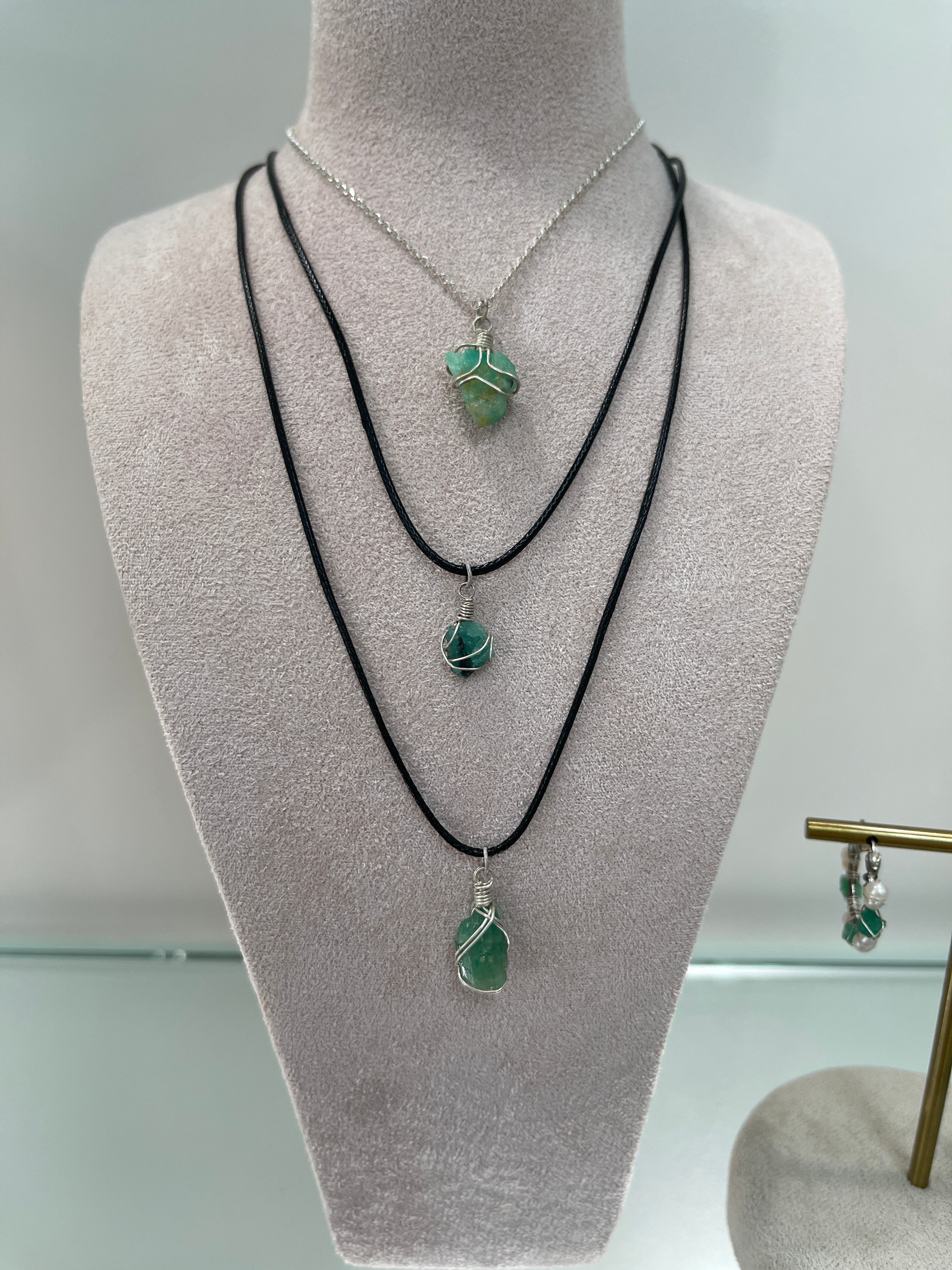 Natural Rough Colombian Emerald Necklaces Sterling Silver/Leather Cord