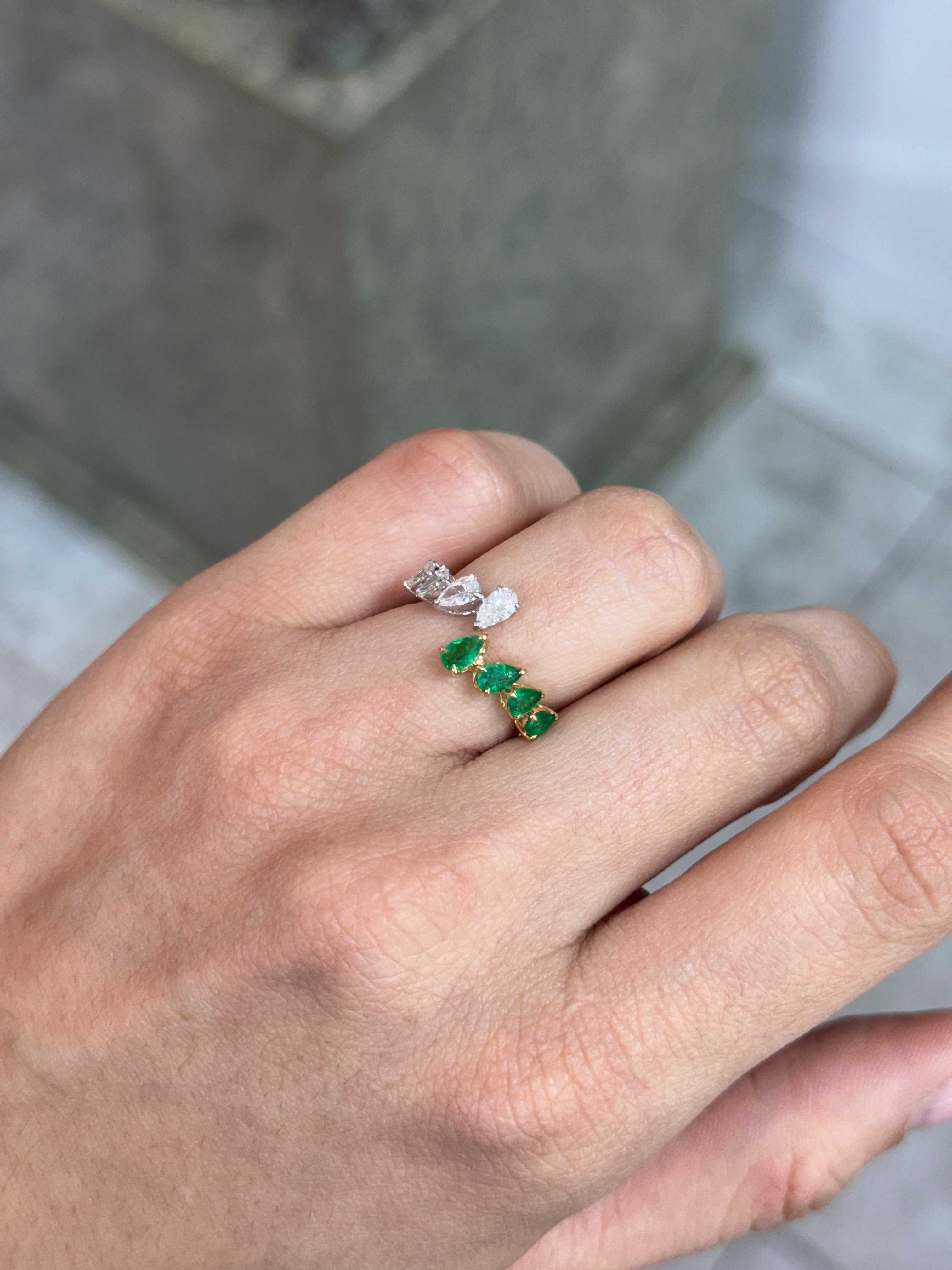 1.27tcw Two Toned Bypass Pear Emerald & Diamond 18K Band