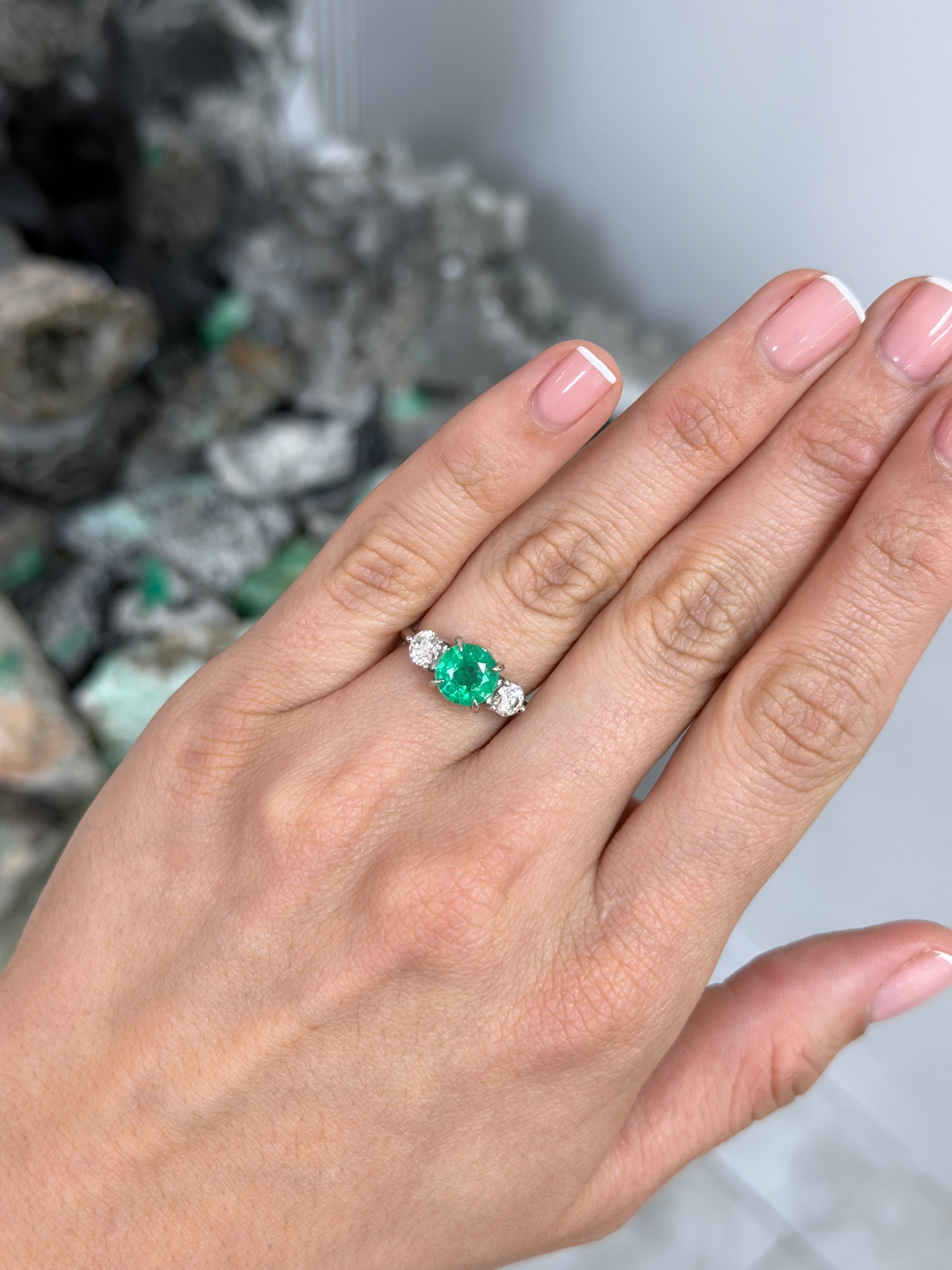 14K white gold 2.91tcw emerald and diamond 3-stone engagement ring with side stones, by JR Colombian Emeralds.