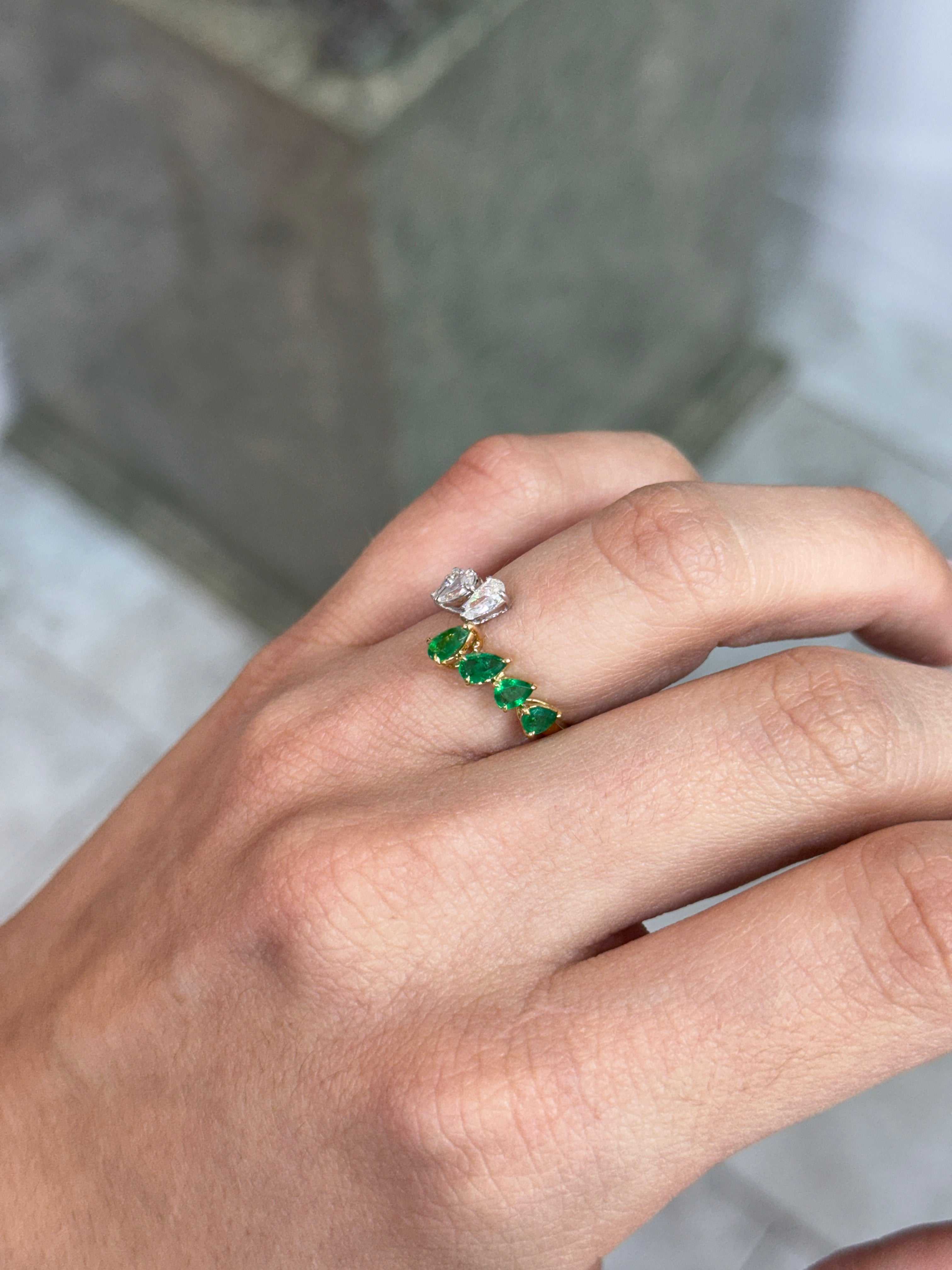 1.27tcw Two Toned Bypass Pear Emerald & Diamond 18K Band