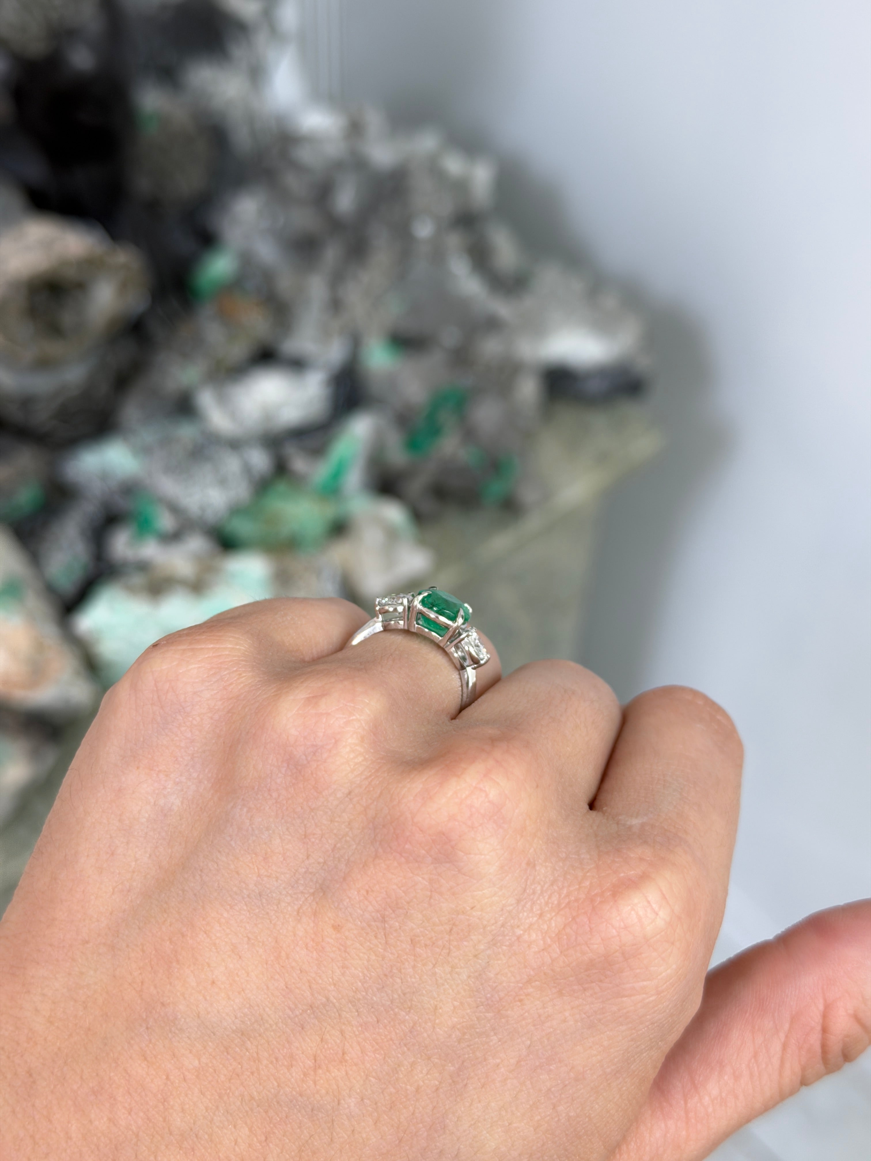 14K white gold 2.91tcw emerald and diamond 3 stone engagement ring by JR Colombian Emeralds, showcasing the sparkling gemstones.