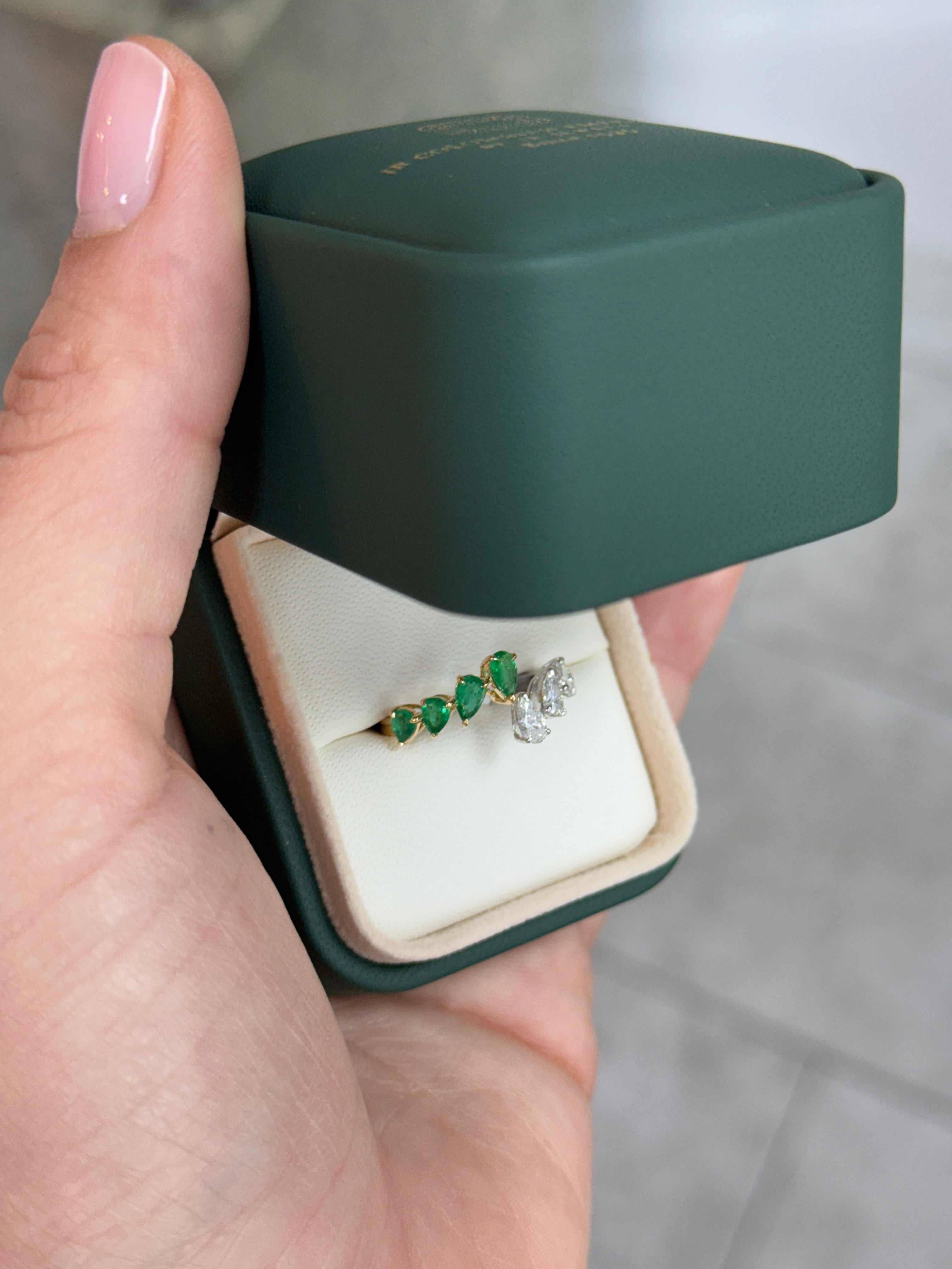 1.27tcw Two Toned Bypass Pear Emerald & Diamond 18K Band