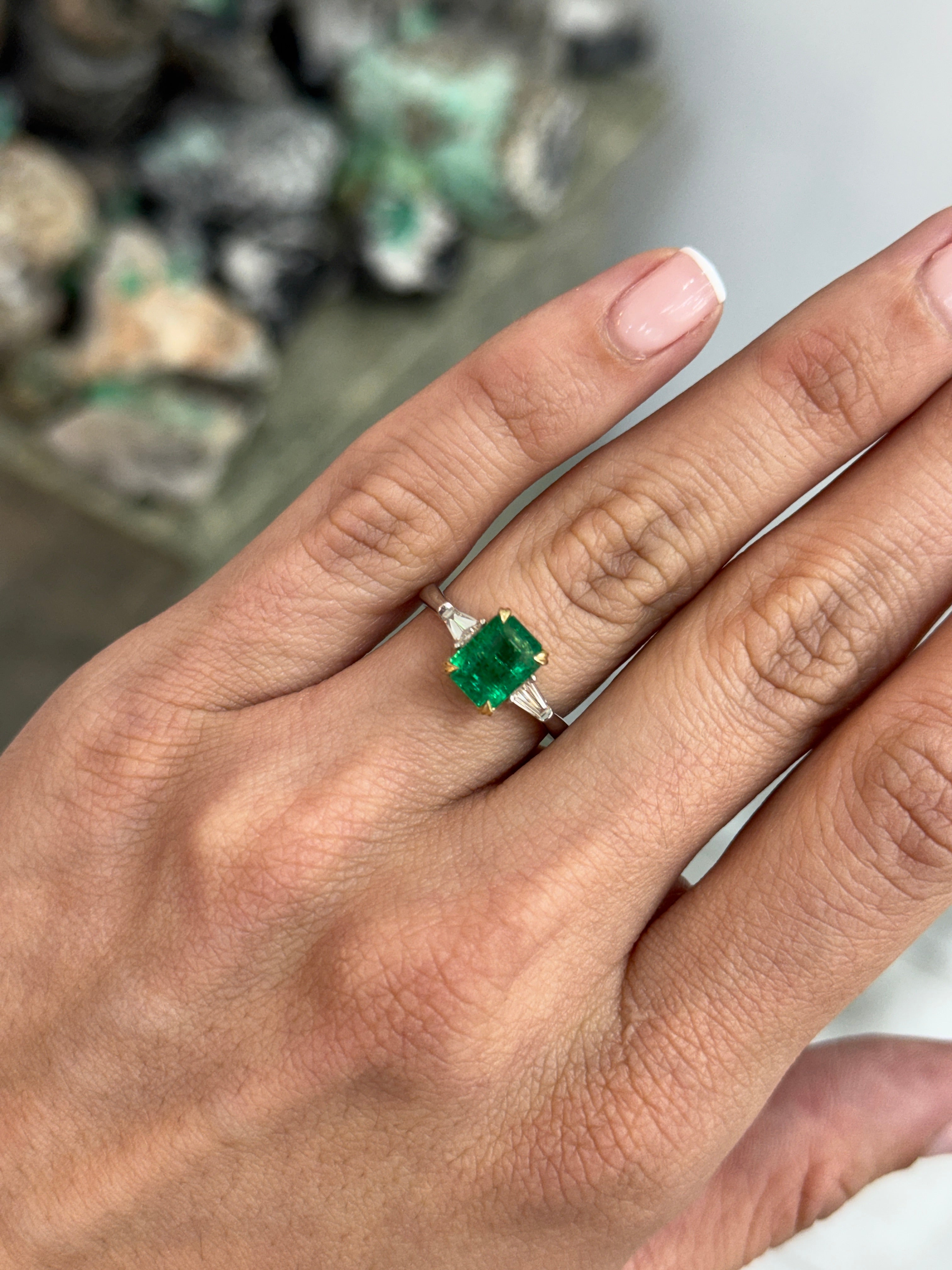 2.75tcw 14K/PLAT Natural Emerald Cut Emerald & Tapered Baguette Diamond Three Stone Engagement Ring