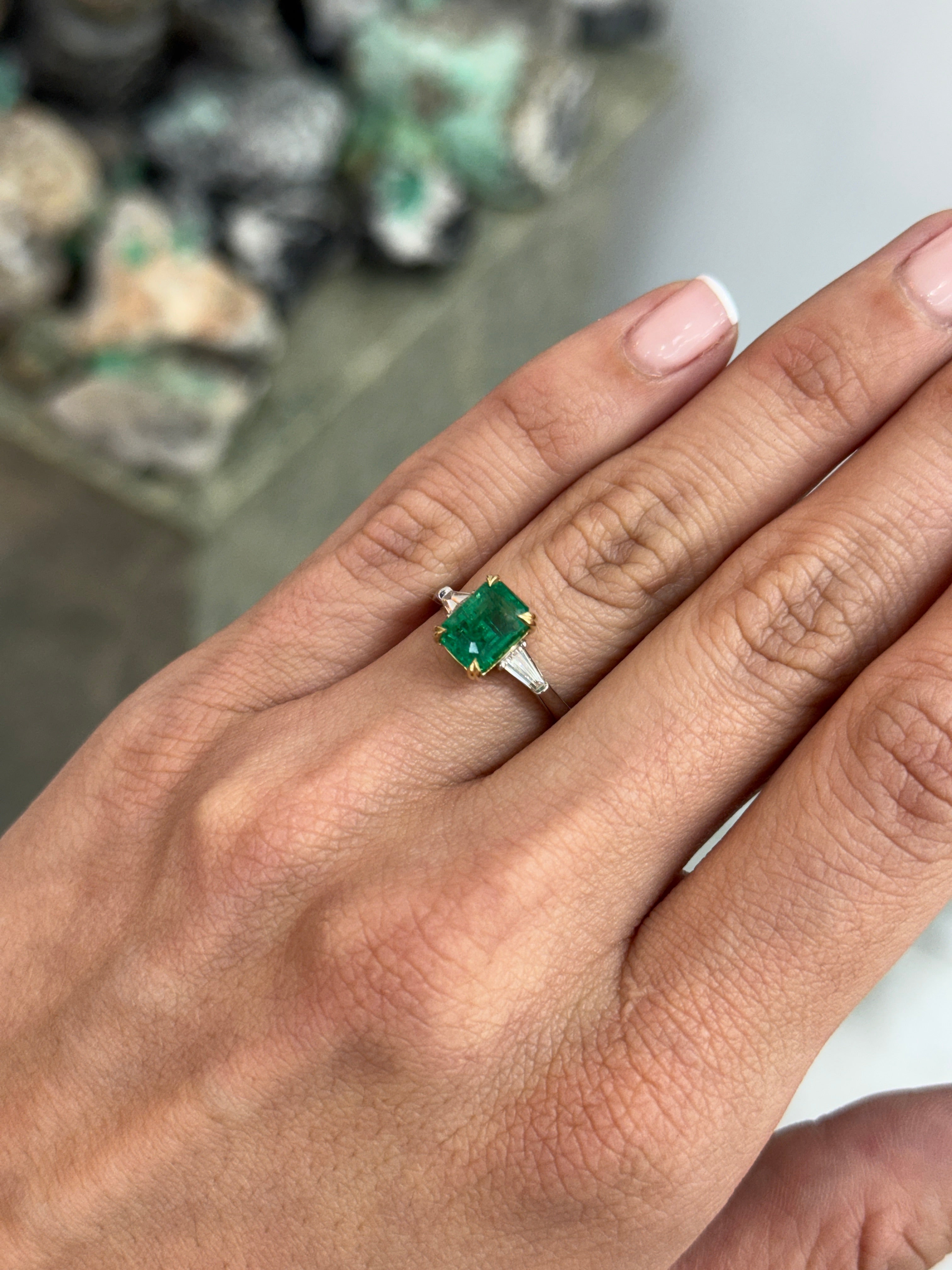 2.75tcw 14K/PLAT Natural Emerald Cut Emerald & Tapered Baguette Diamond Three Stone Engagement Ring