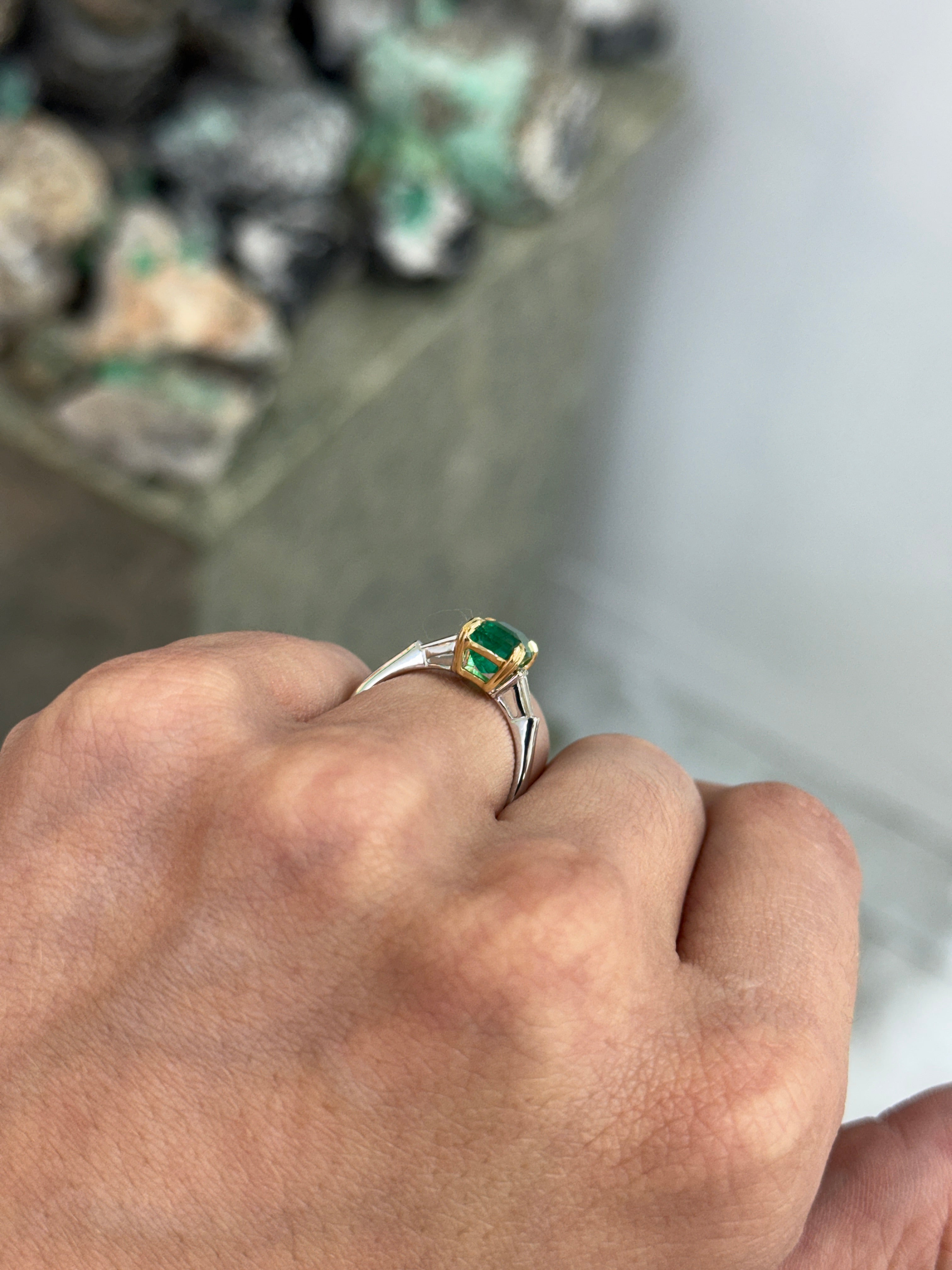 2.75tcw 14K/PLAT Natural Emerald Cut Emerald & Tapered Baguette Diamond Three Stone Engagement Ring