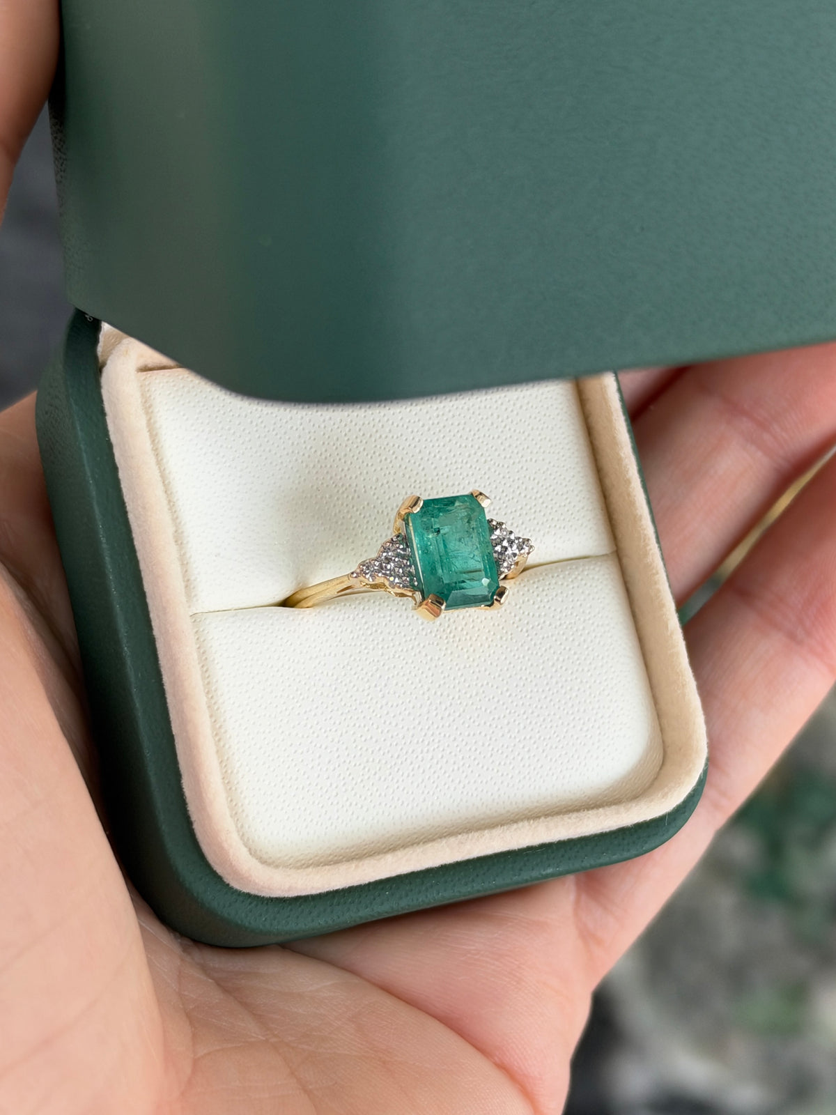 2.95tcw 14K Natural Bluish Undertoned Emerald Cut Emerald & Diamond Accent Seven Stone Ring