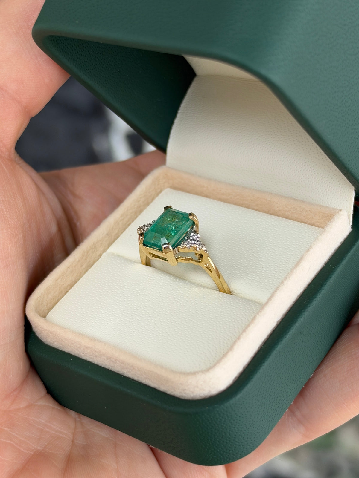 2.95tcw 14K Natural Bluish Undertoned Emerald Cut Emerald & Diamond Accent Seven Stone Ring