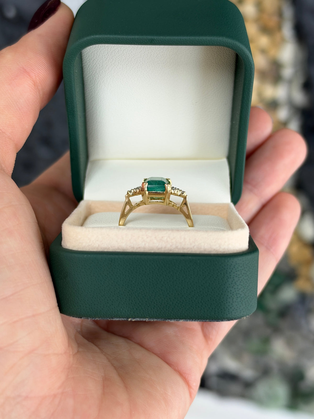 2.95tcw 14K Natural Bluish Undertoned Emerald Cut Emerald & Diamond Accent Seven Stone Ring