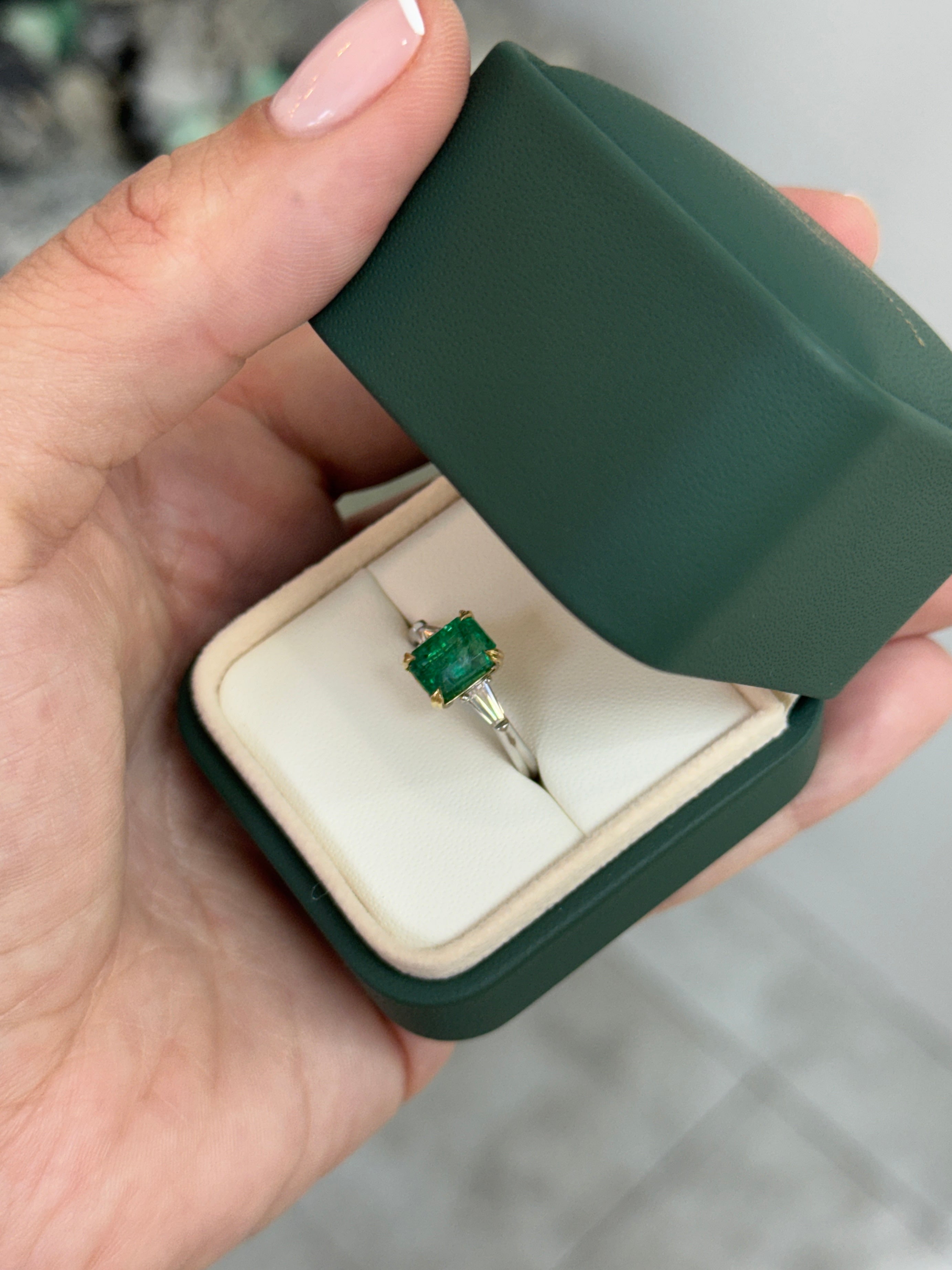 2.75tcw 14K/PLAT Natural Emerald Cut Emerald & Tapered Baguette Diamond Three Stone Engagement Ring