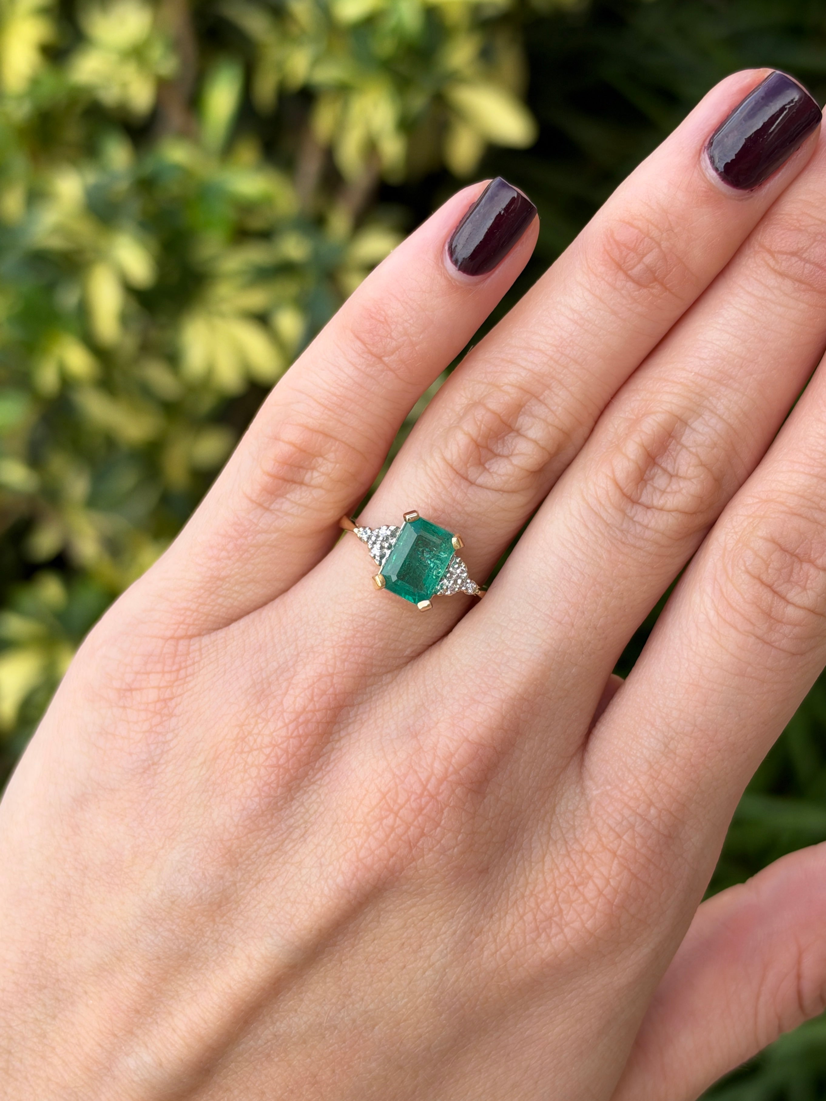 2.95tcw 14K Natural Bluish Undertoned Emerald Cut Emerald & Diamond Accent Seven Stone Ring