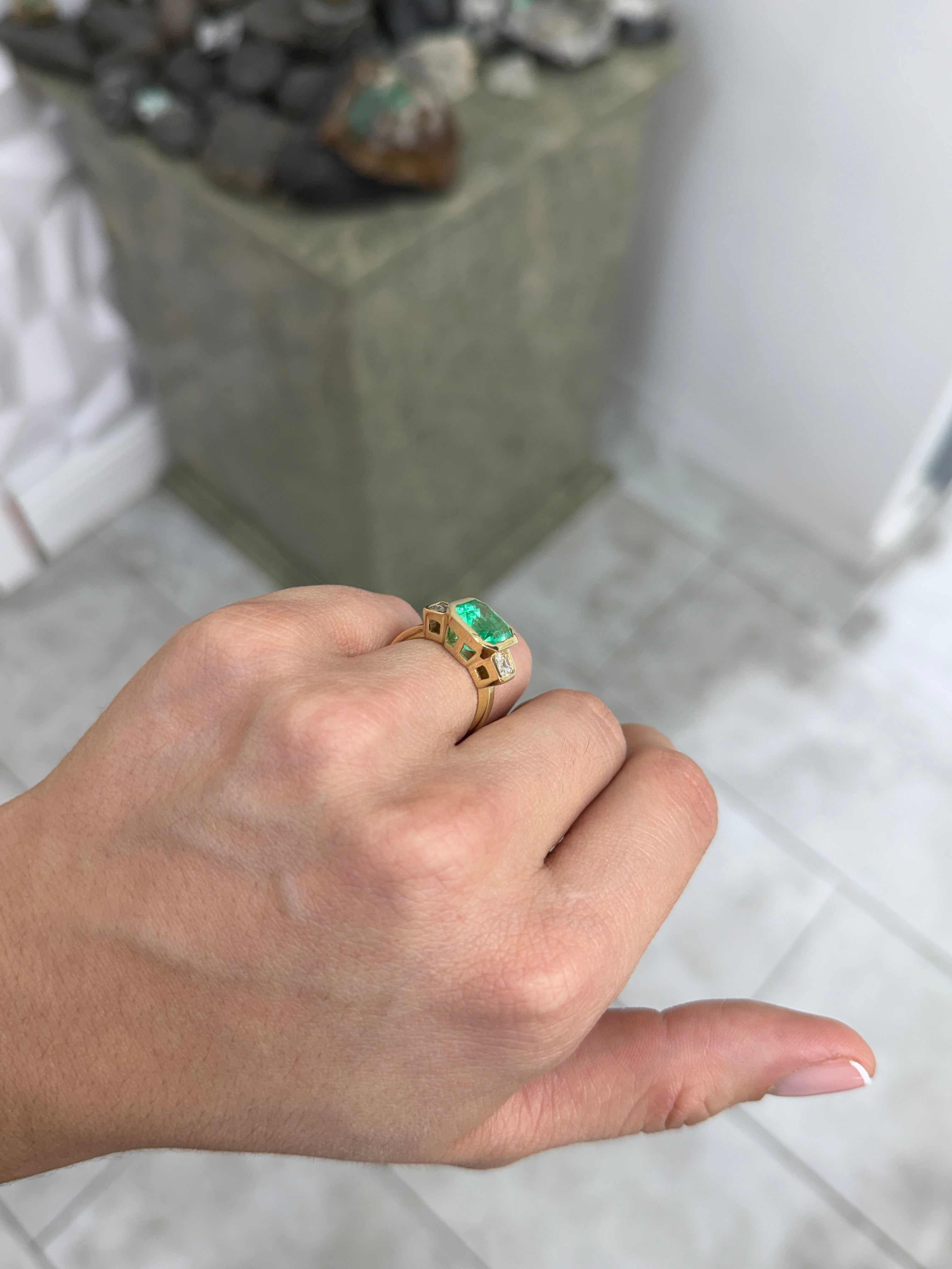 4.68tcw Bezel Set Three Stone Asscher Cut Emerald & Emerald Cut Diamon