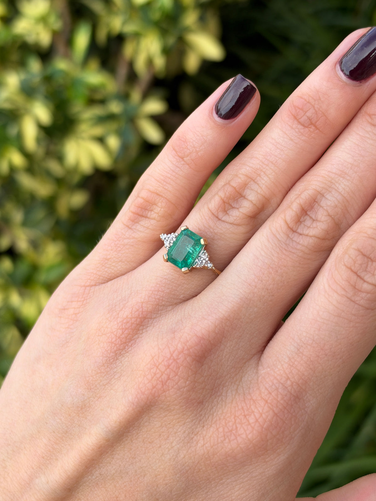 2.95tcw 14K Natural Bluish Undertoned Emerald Cut Emerald & Diamond Accent Seven Stone Ring