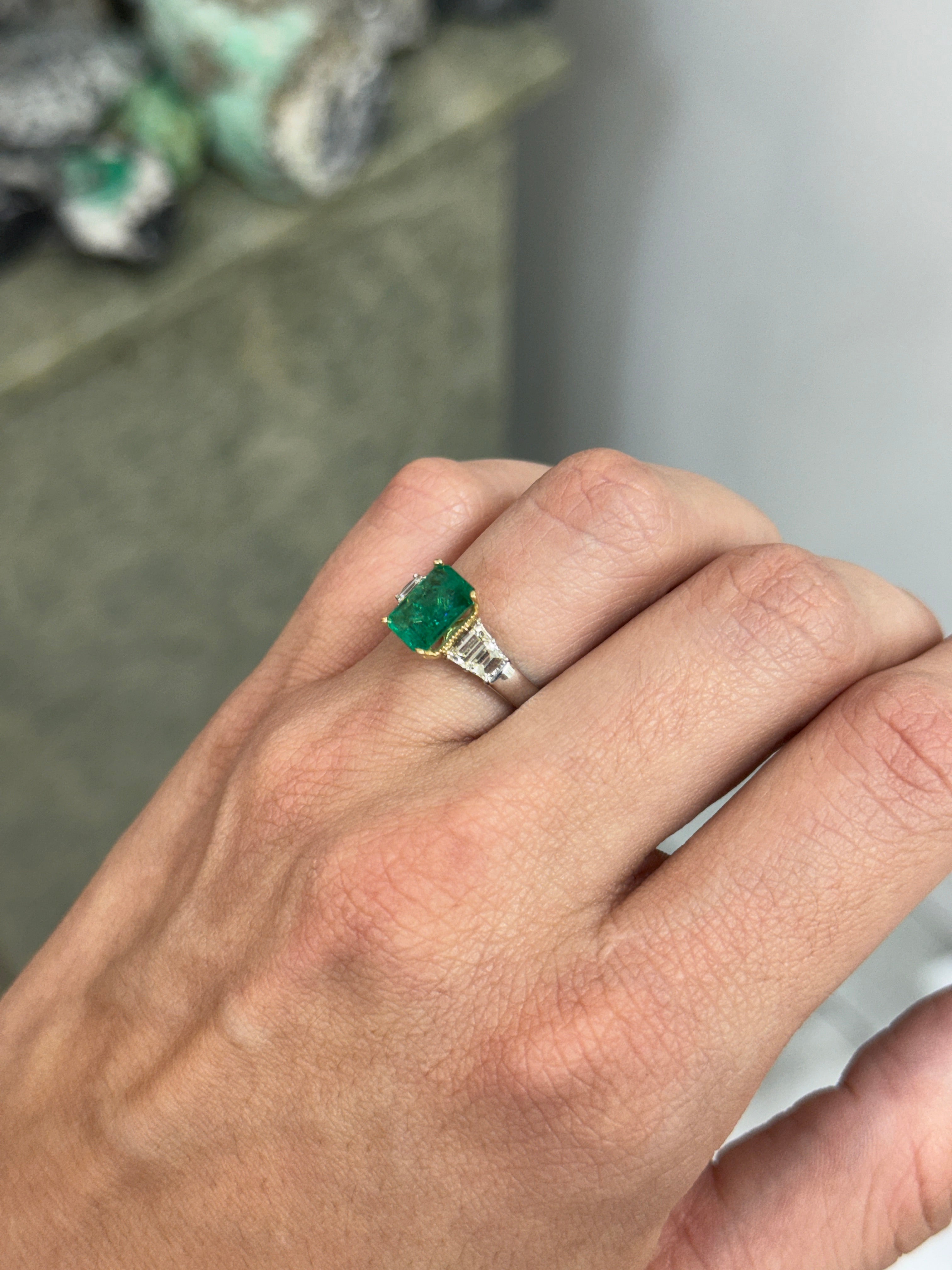 2.39tcw 14K/PLAT Natural Bluish Green Emerald Cut Emerald & Trapezoid Diamond Five Stone Ring