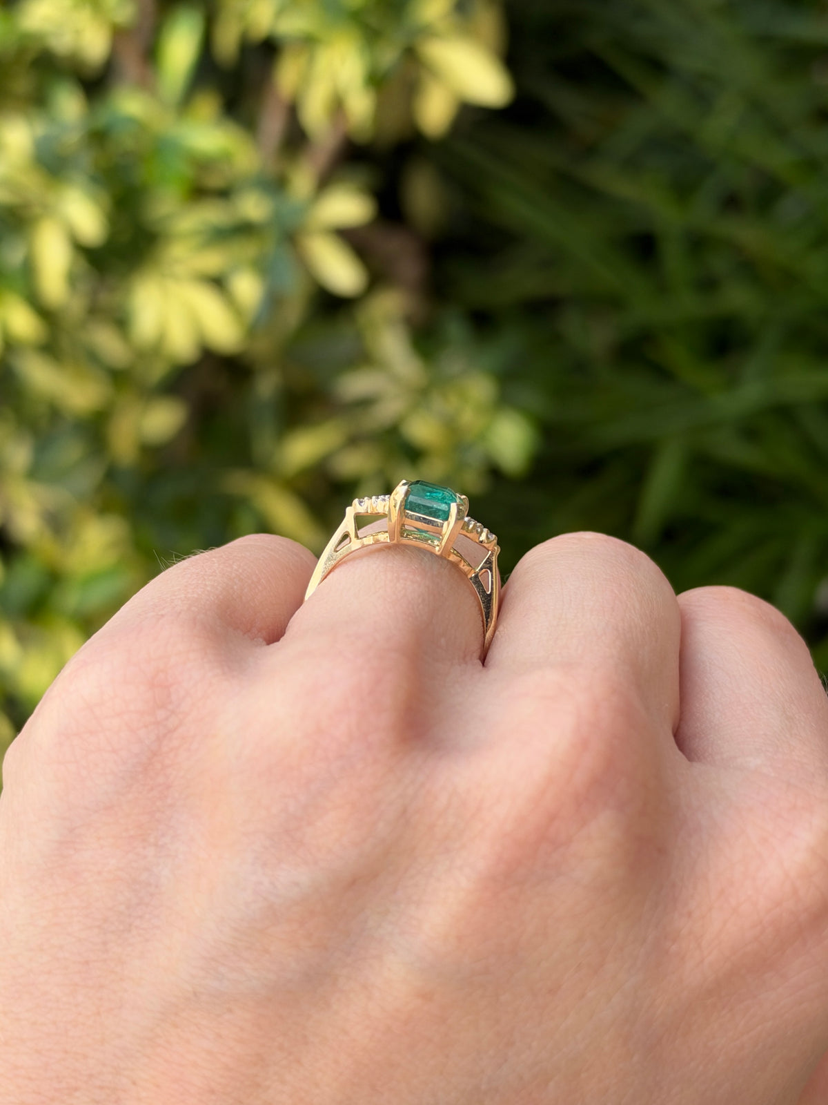 2.95tcw 14K Natural Bluish Undertoned Emerald Cut Emerald & Diamond Accent Seven Stone Ring
