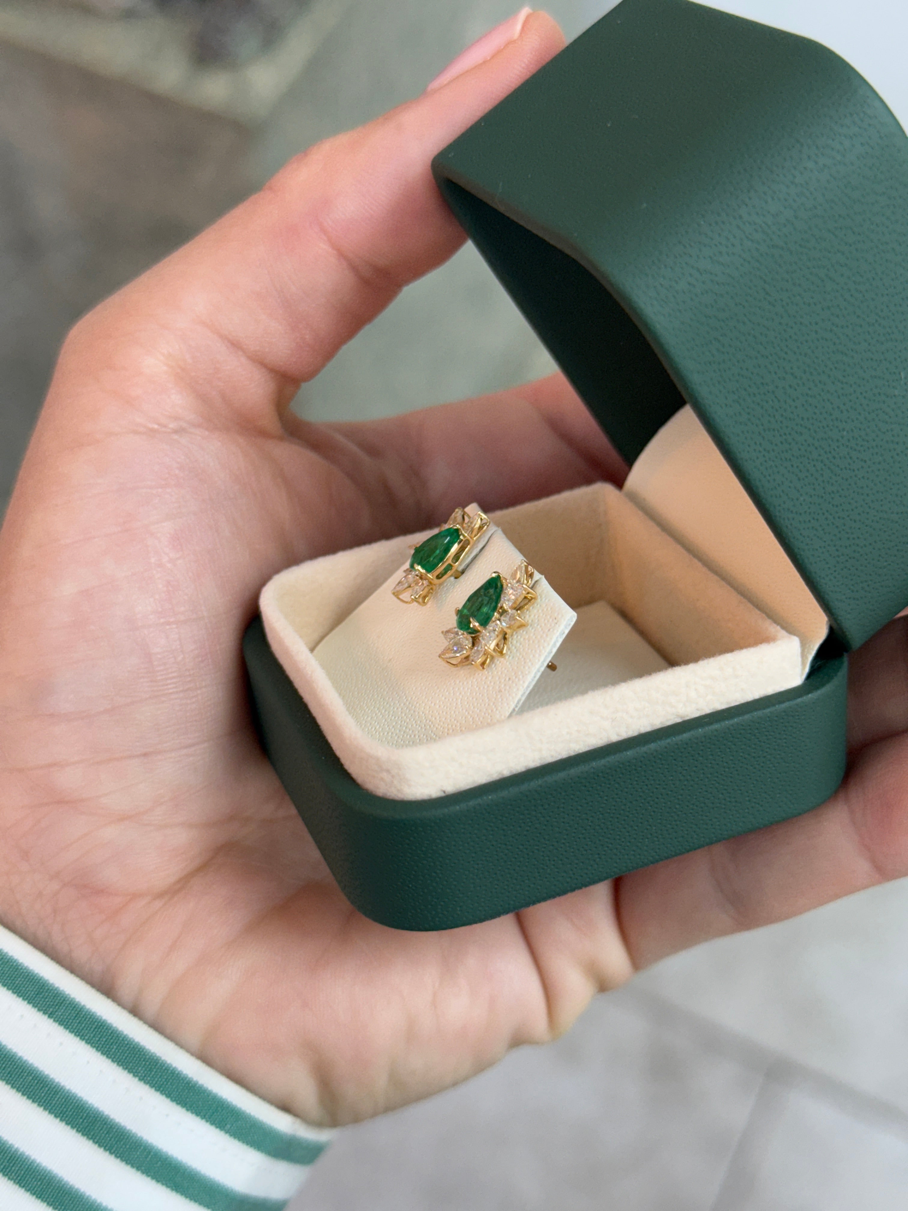 2.68tcw 18K Natural Rich Green Pear Emerald & Pear Diamond Starburst Stud Earrings- Yellow Gold