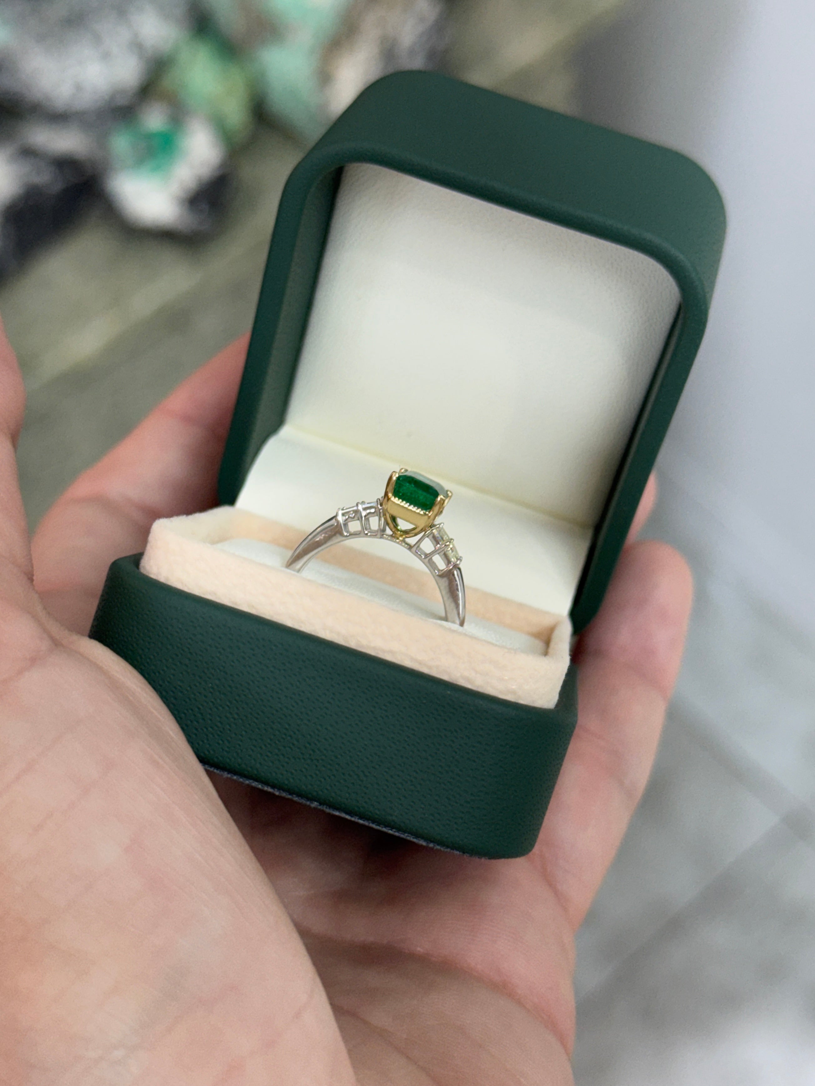 2.39tcw 14K/PLAT Natural Bluish Green Emerald Cut Emerald & Trapezoid Diamond Five Stone Ring