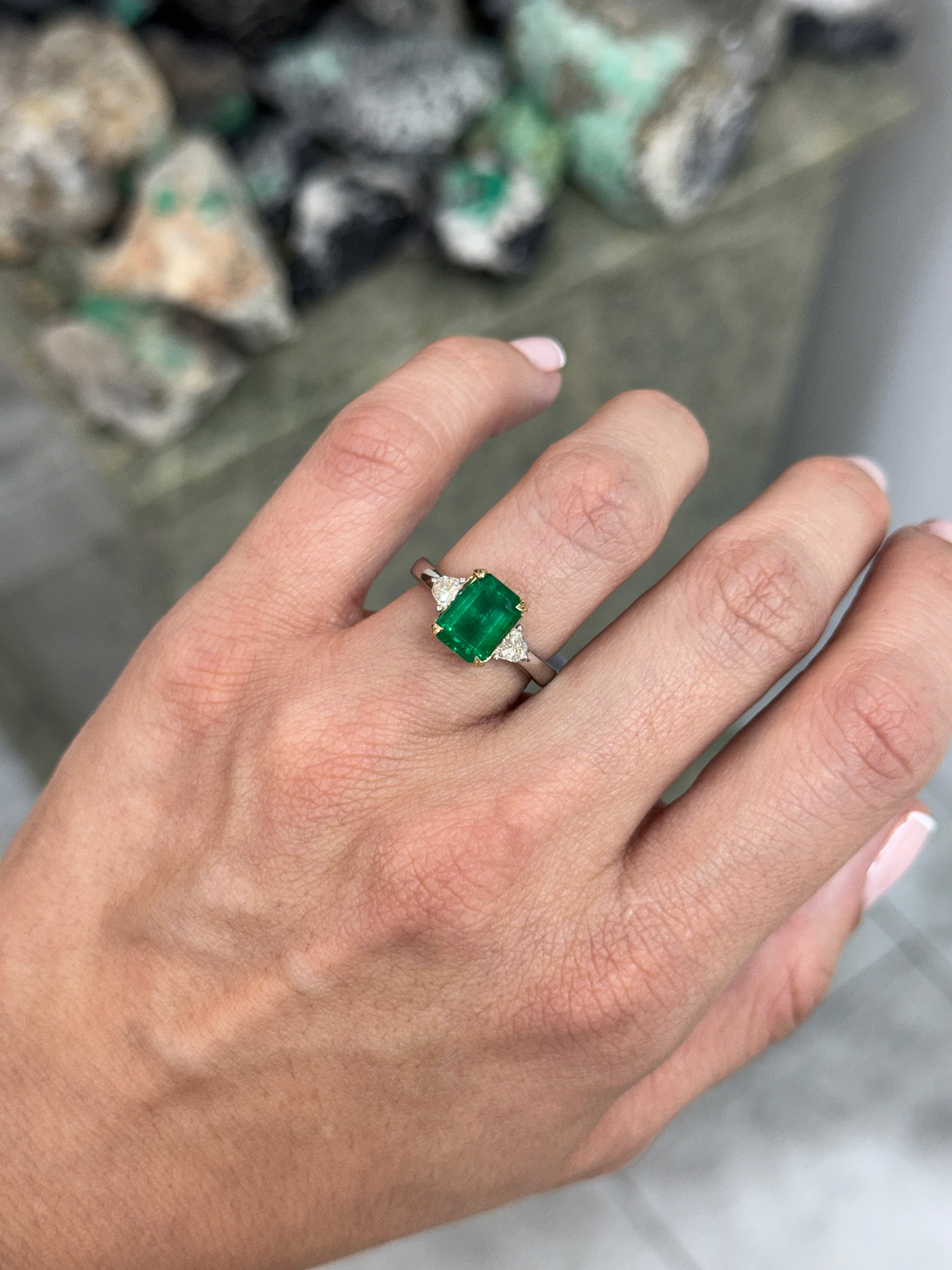 2.91tcw 14K/PLAT Vivid Green Natural Emerald Cut Emerald & Shield Cut Diamond Three Stone Ring