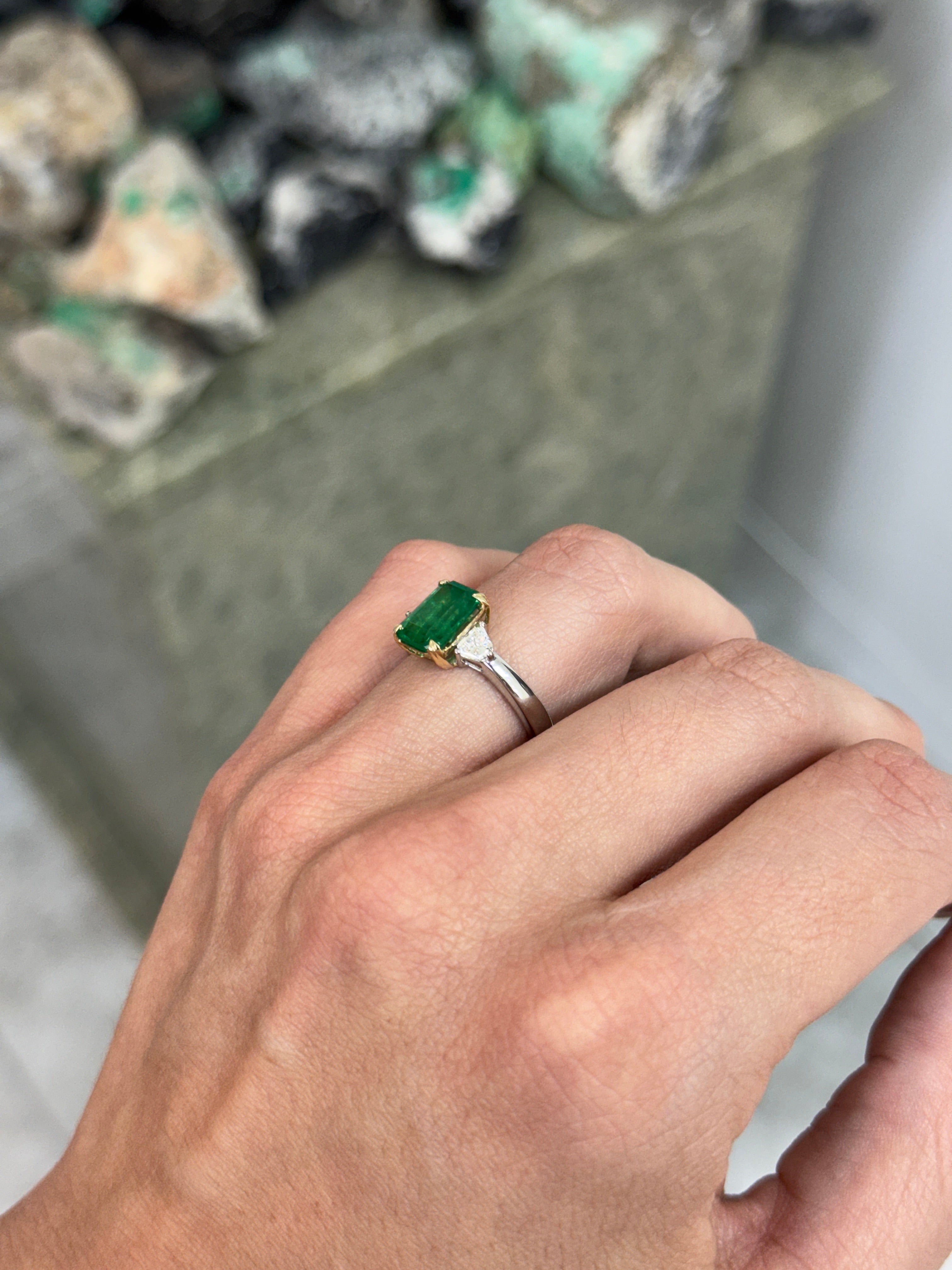 2.91tcw 14K/PLAT Vivid Green Natural Emerald Cut Emerald & Shield Cut Diamond Three Stone Ring