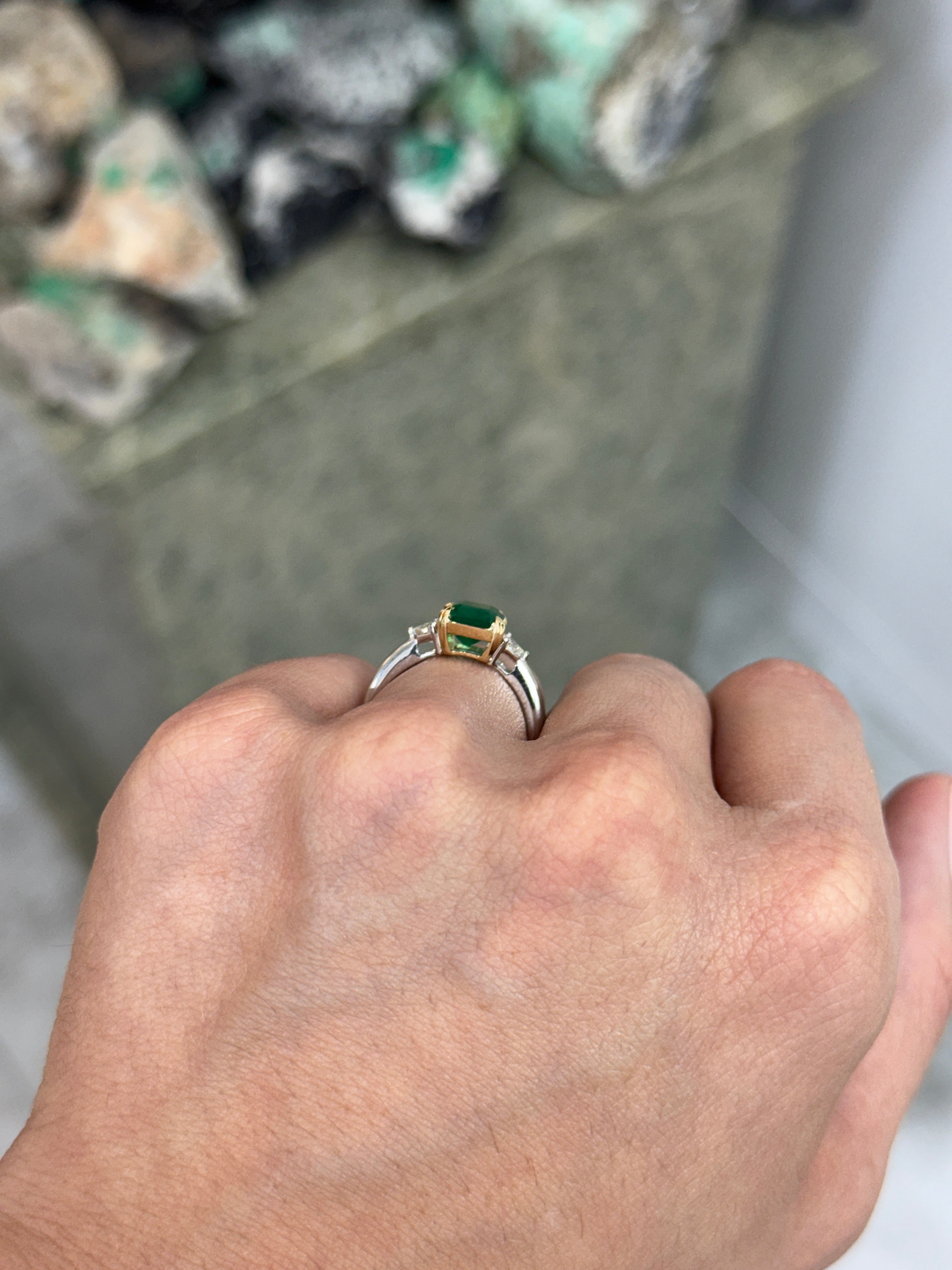 2.91tcw 14K/PLAT Vivid Green Natural Emerald Cut Emerald & Shield Cut Diamond Three Stone Ring