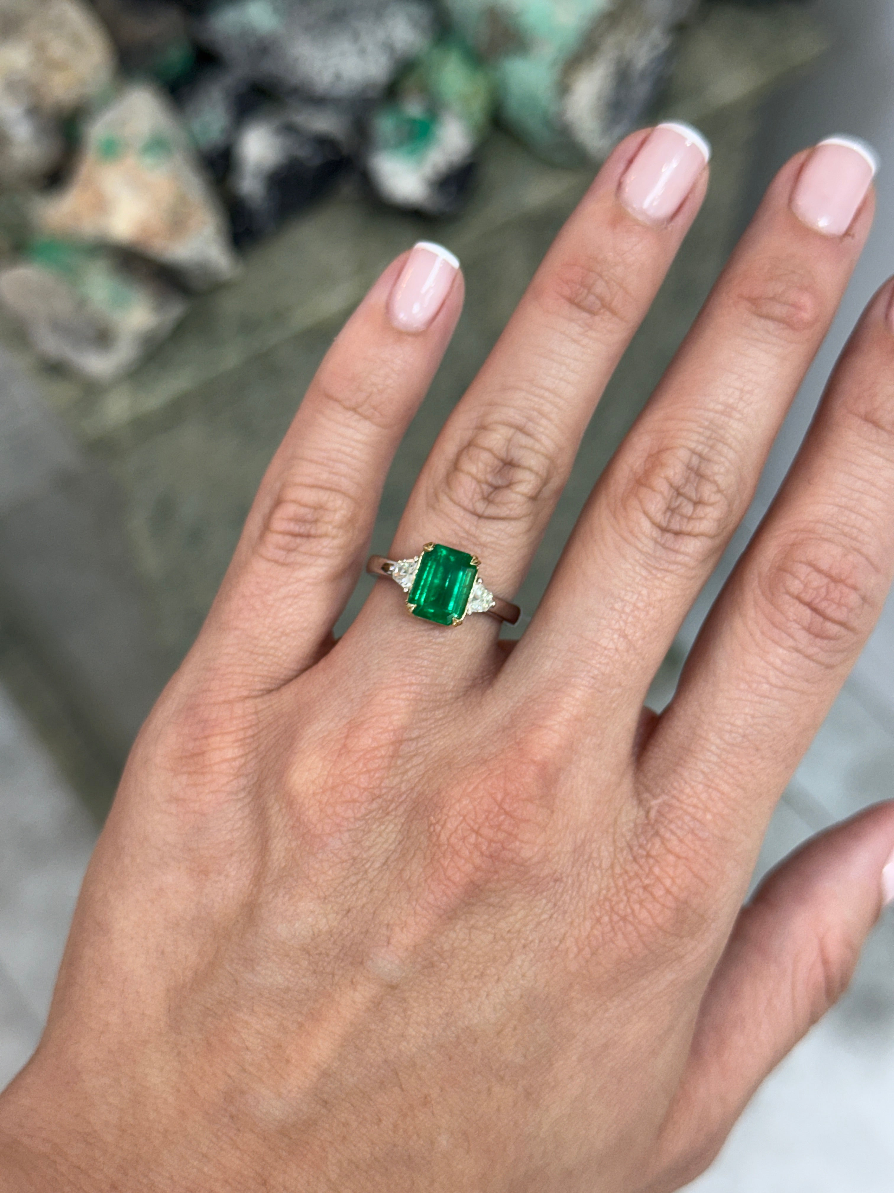 2.91tcw 14K/PLAT Vivid Green Natural Emerald Cut Emerald & Shield Cut Diamond Three Stone Ring
