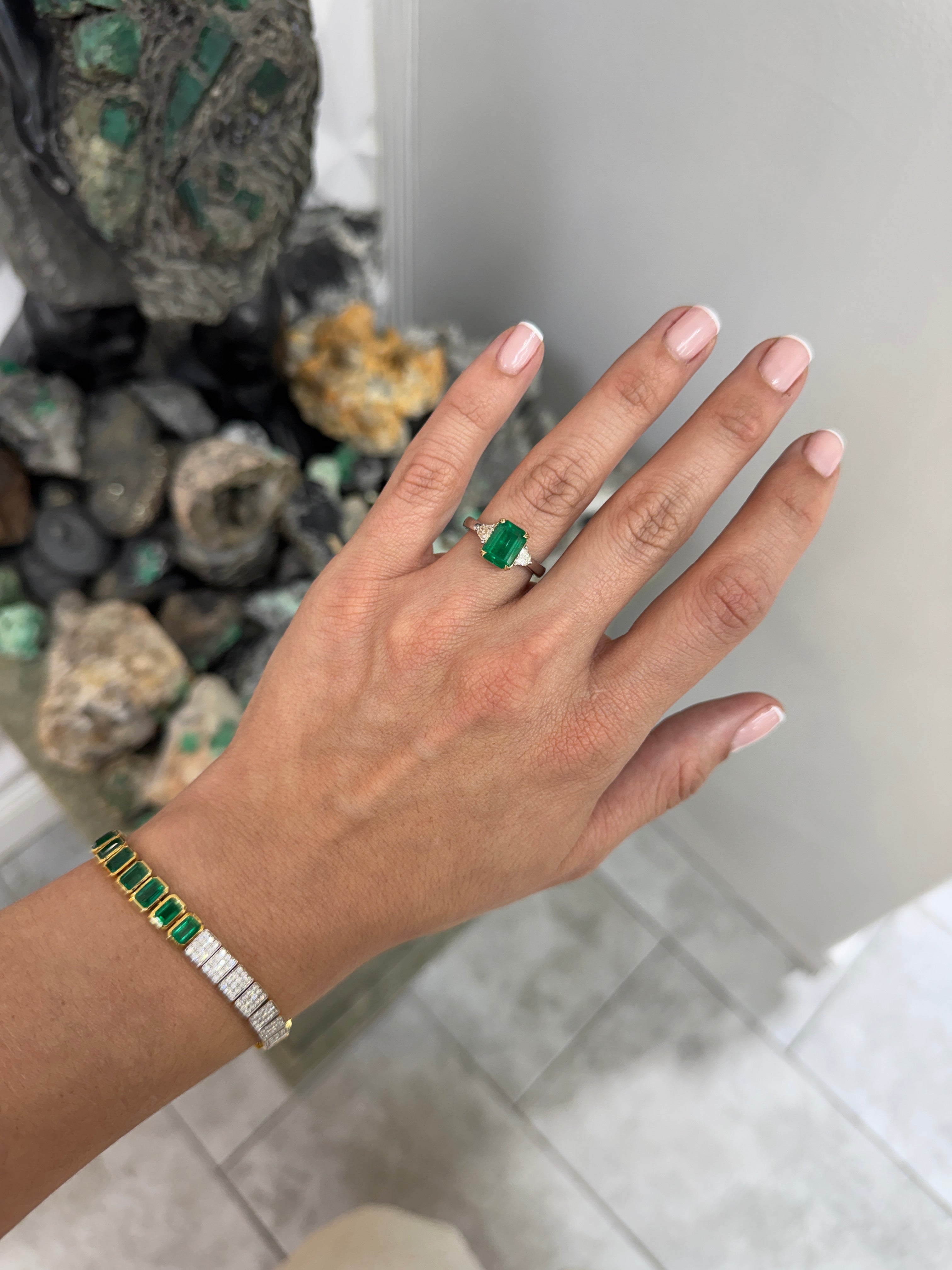 2.91tcw 14K/PLAT Vivid Green Natural Emerald Cut Emerald & Shield Cut Diamond Three Stone Ring