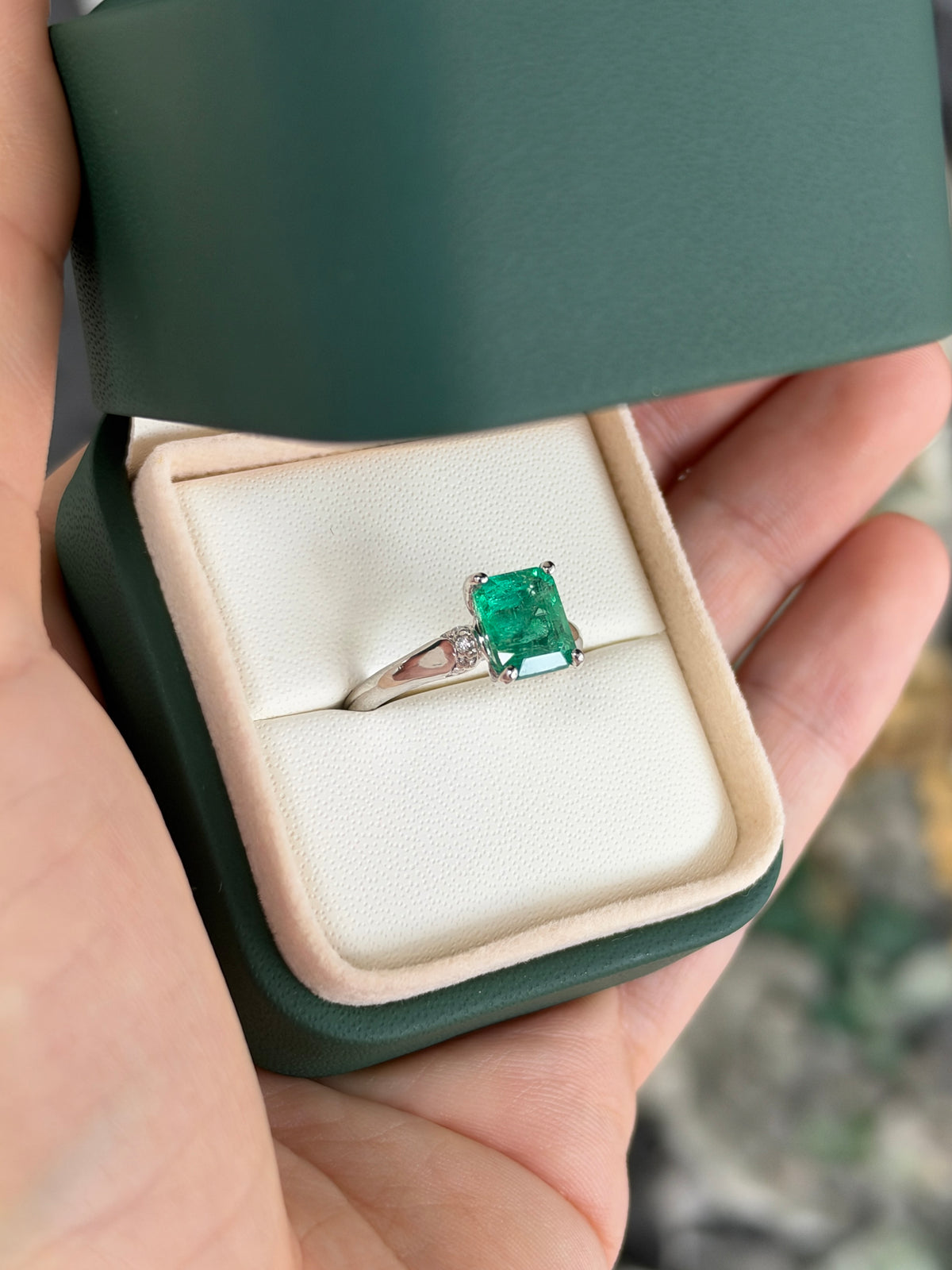 2.39tcw 18K Solitaire Emerald Cut Emerald with Diamond Accents White Gold