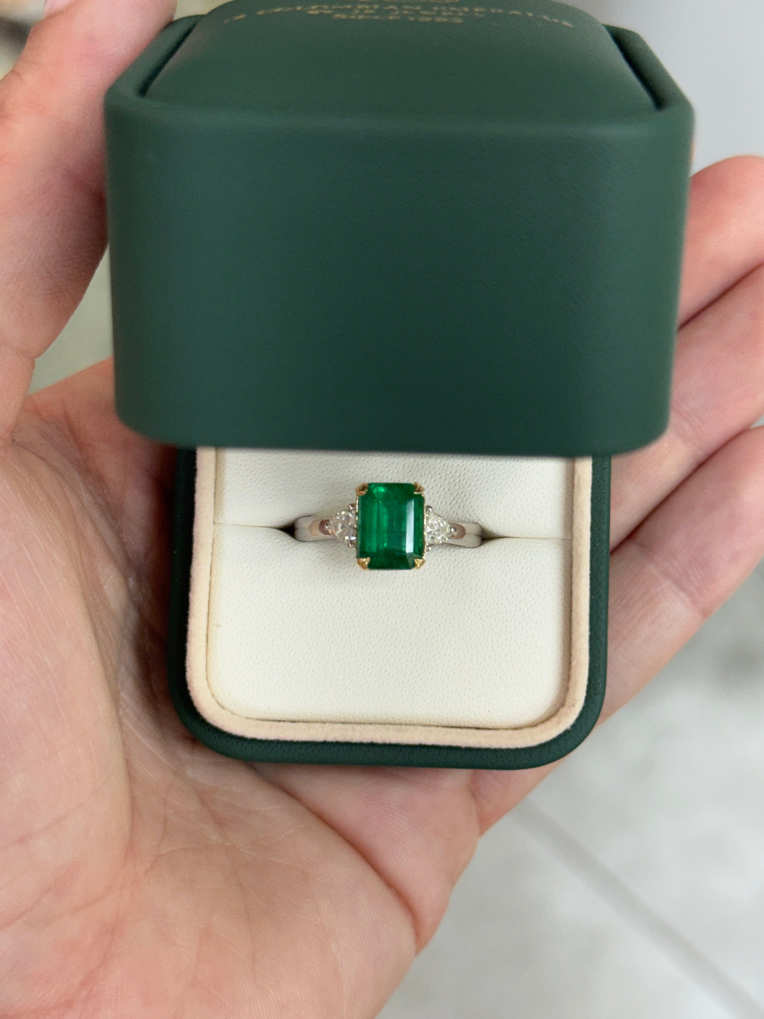 2.91tcw 14K/PLAT Vivid Green Natural Emerald Cut Emerald & Shield Cut Diamond Three Stone Ring