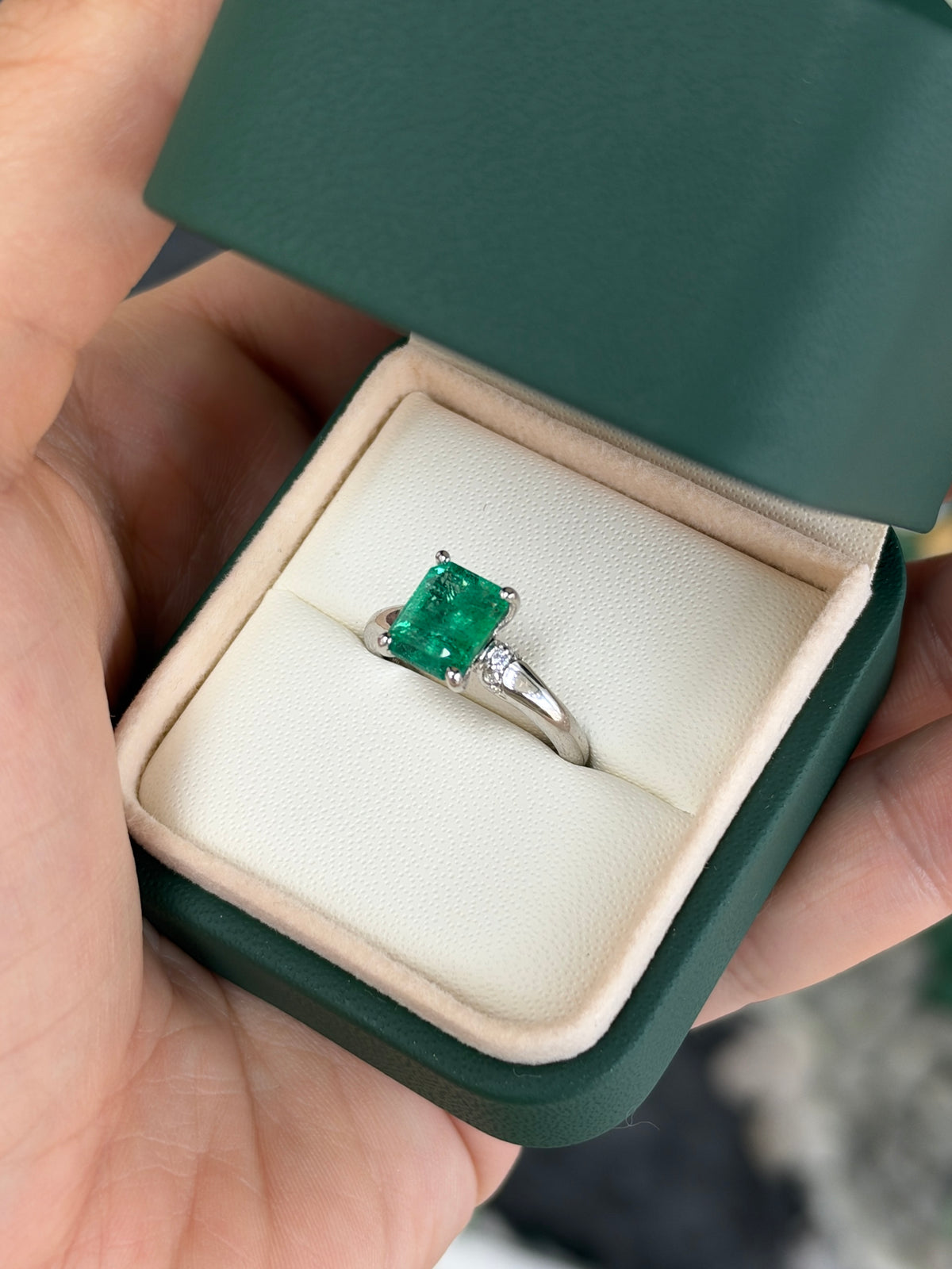 2.39tcw 18K Solitaire Emerald Cut Emerald with Diamond Accents White Gold