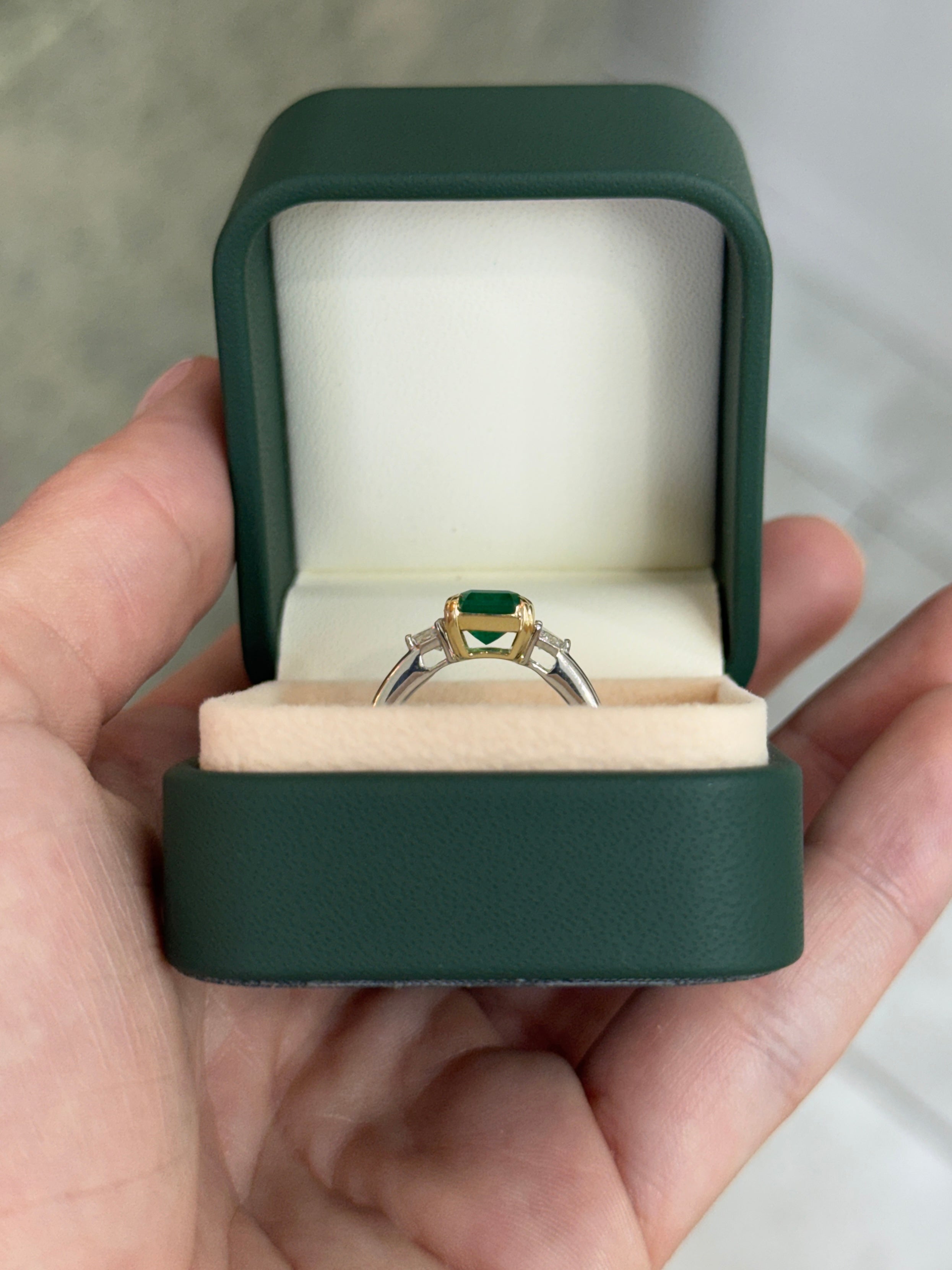 2.91tcw 14K/PLAT Vivid Green Natural Emerald Cut Emerald & Shield Cut Diamond Three Stone Ring