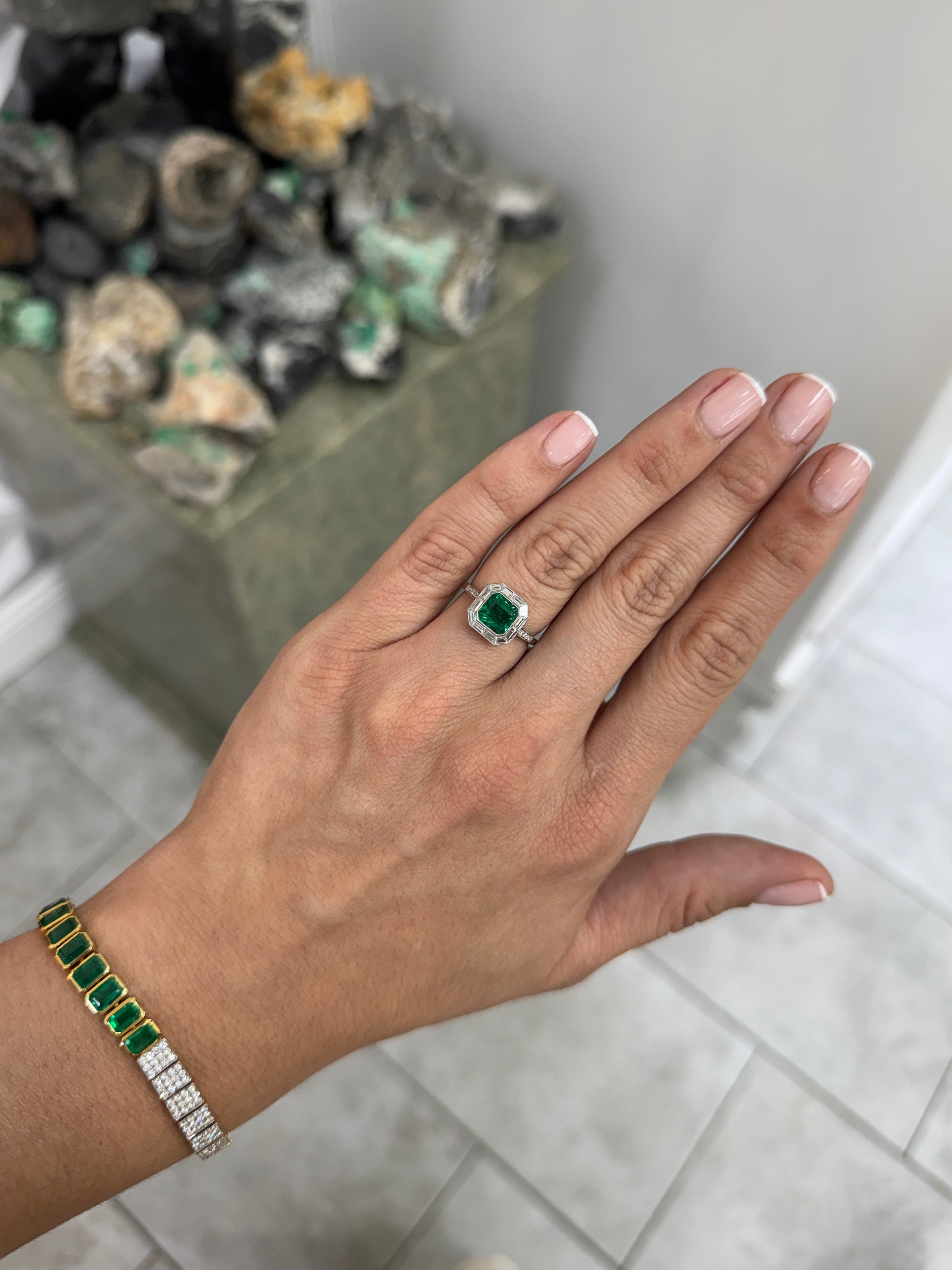 2.22tcw AAA+ Platinum Asscher Cut Emerald & Baguette Diamond Halo Art Deco Ring