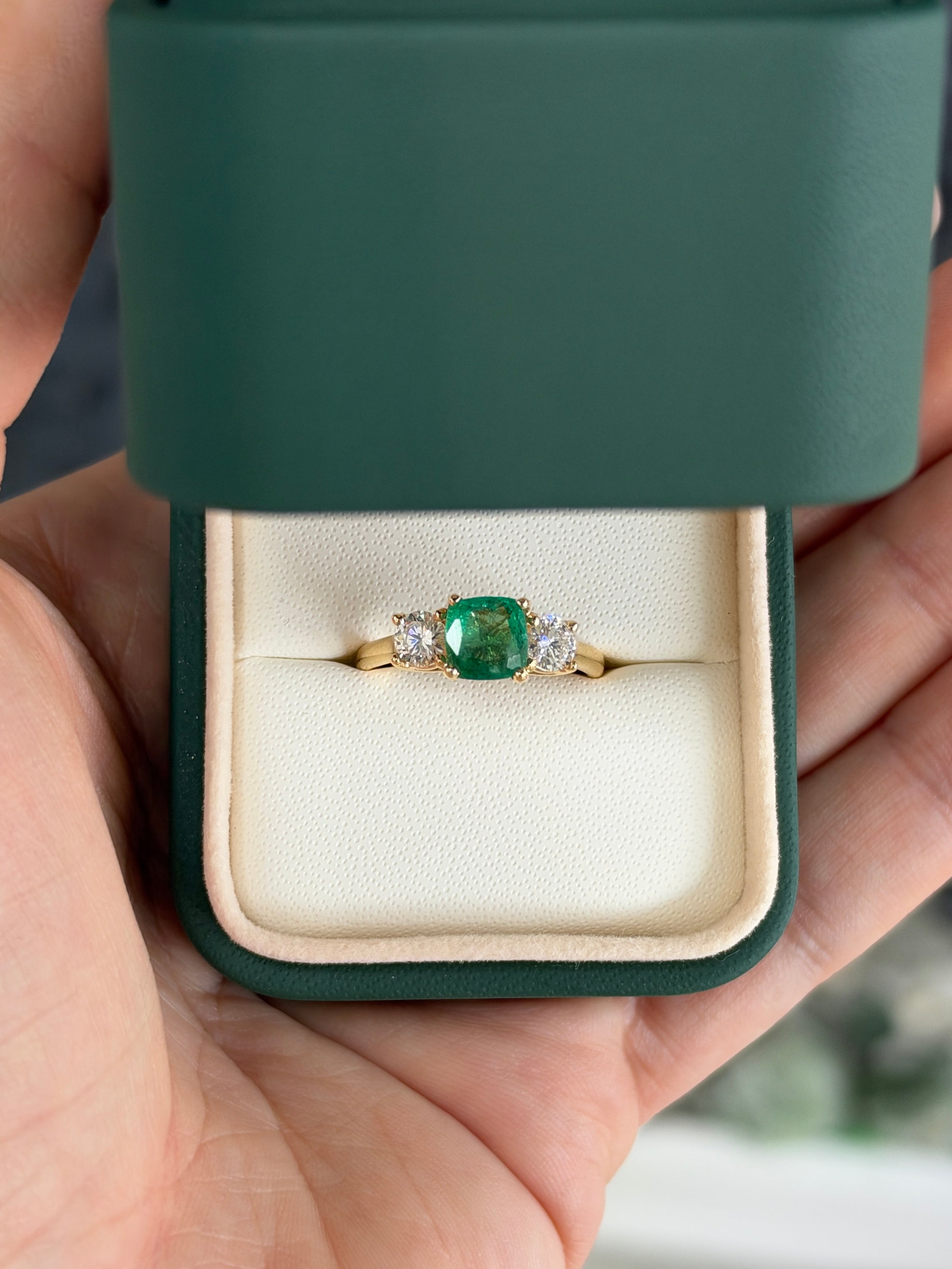 2.55tcw 18K Natural Cushion Cut Emerald & Round Lab Diamond Three Stone Ring