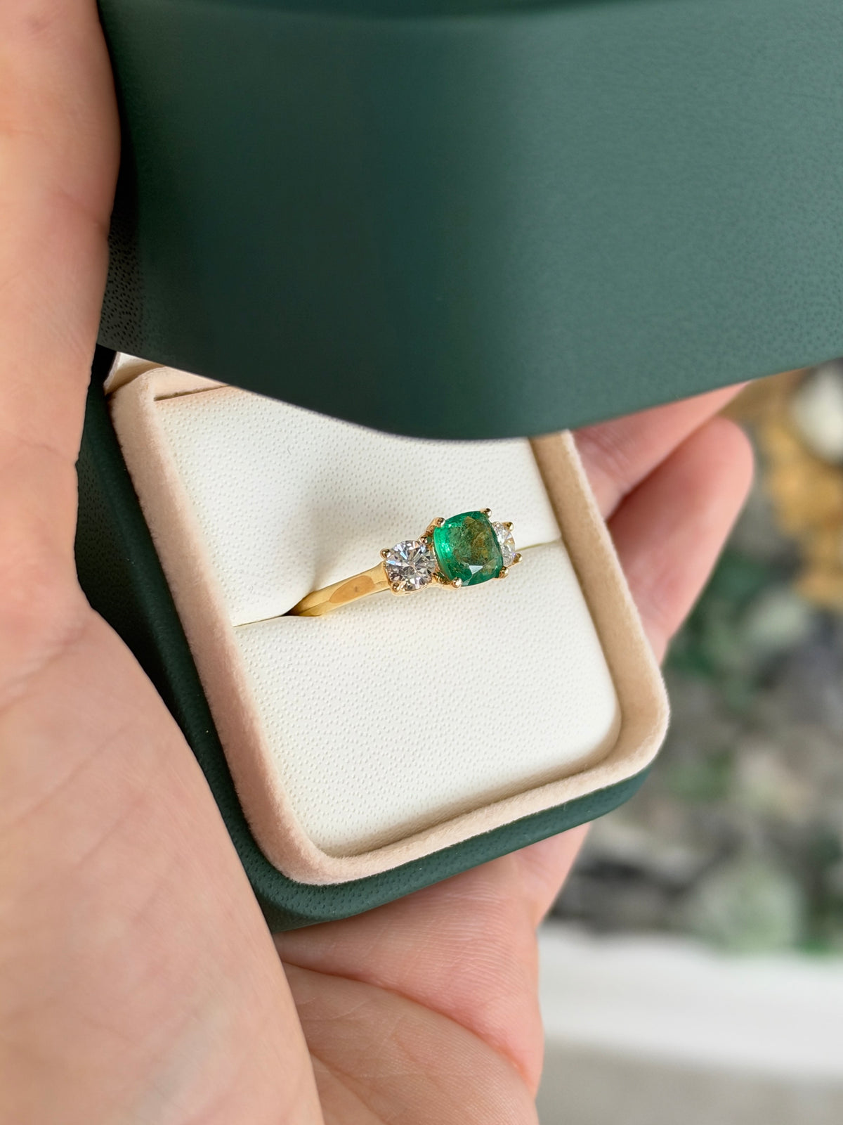 2.55tcw 18K Natural Cushion Cut Emerald & Round Lab Diamond Three Stone Ring
