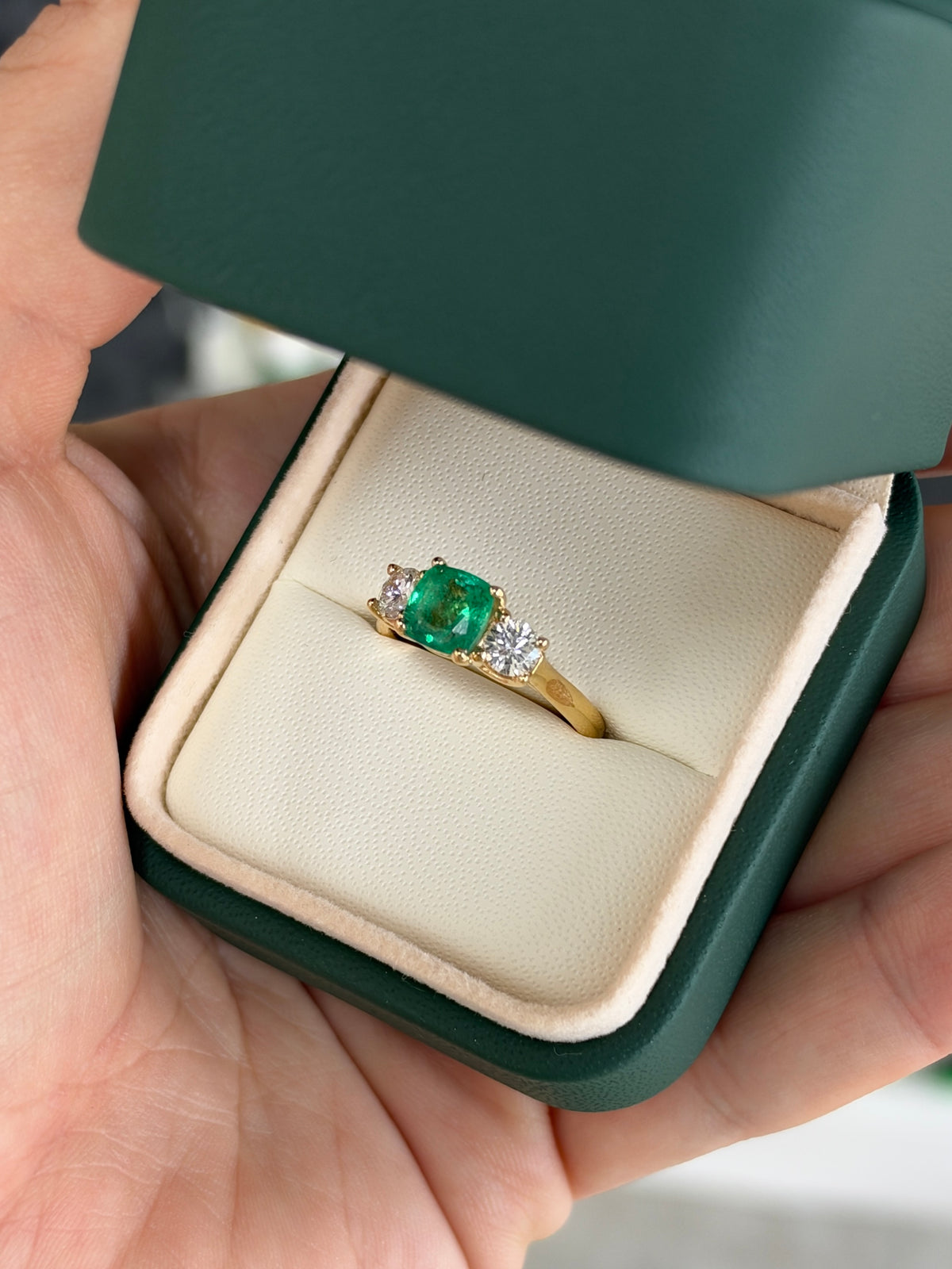 2.55tcw 18K Natural Cushion Cut Emerald & Round Lab Diamond Three Stone Ring