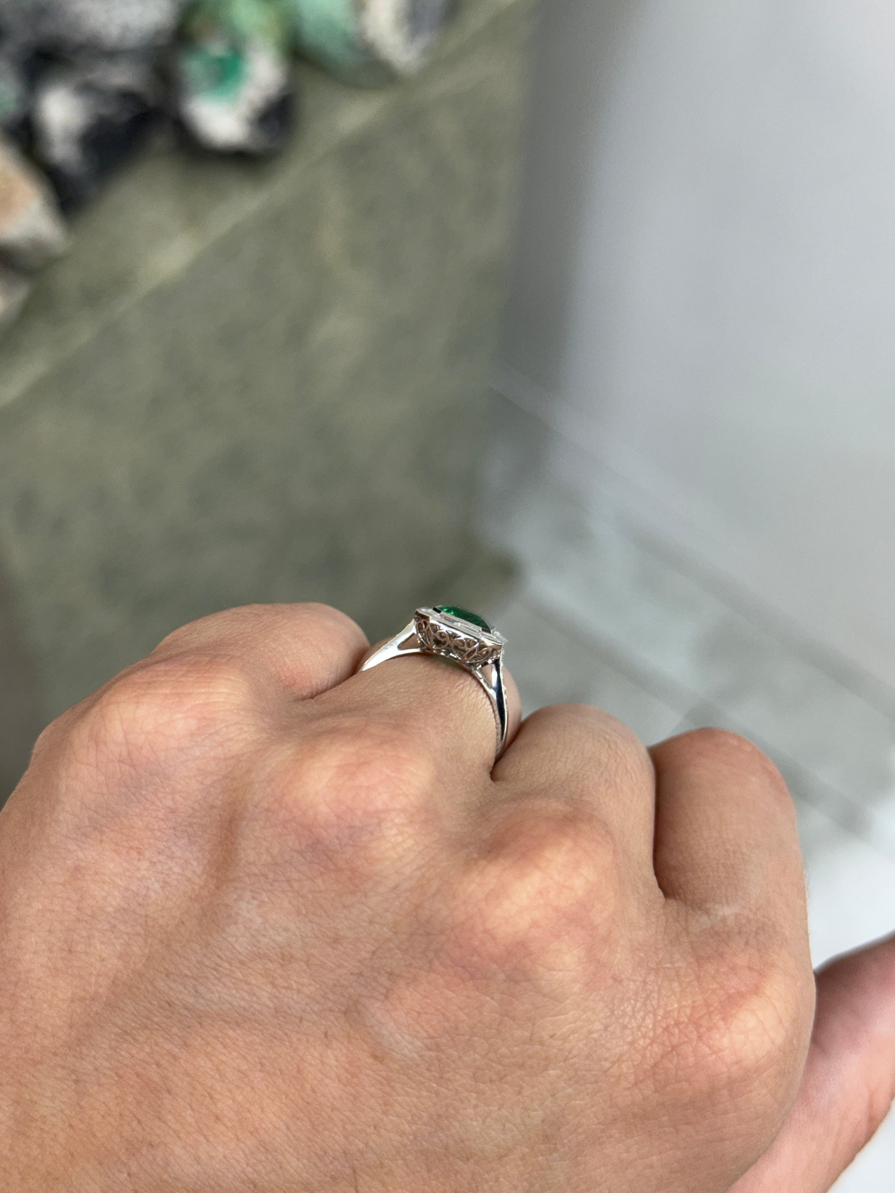 2.22tcw AAA+ Platinum Asscher Cut Emerald & Baguette Diamond Halo Art Deco Ring
