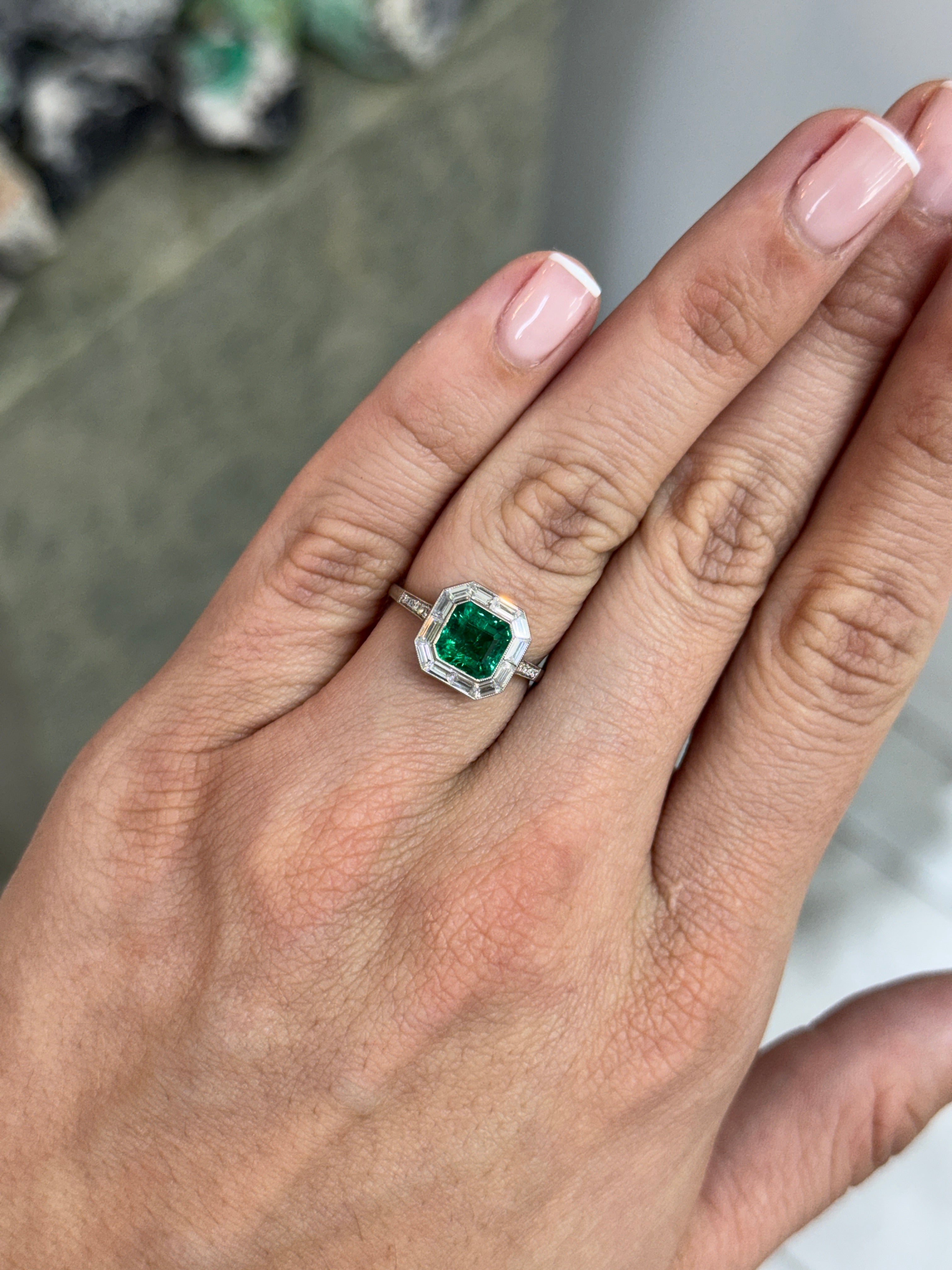 2.22tcw AAA+ Platinum Asscher Cut Emerald & Baguette Diamond Halo Art Deco Ring