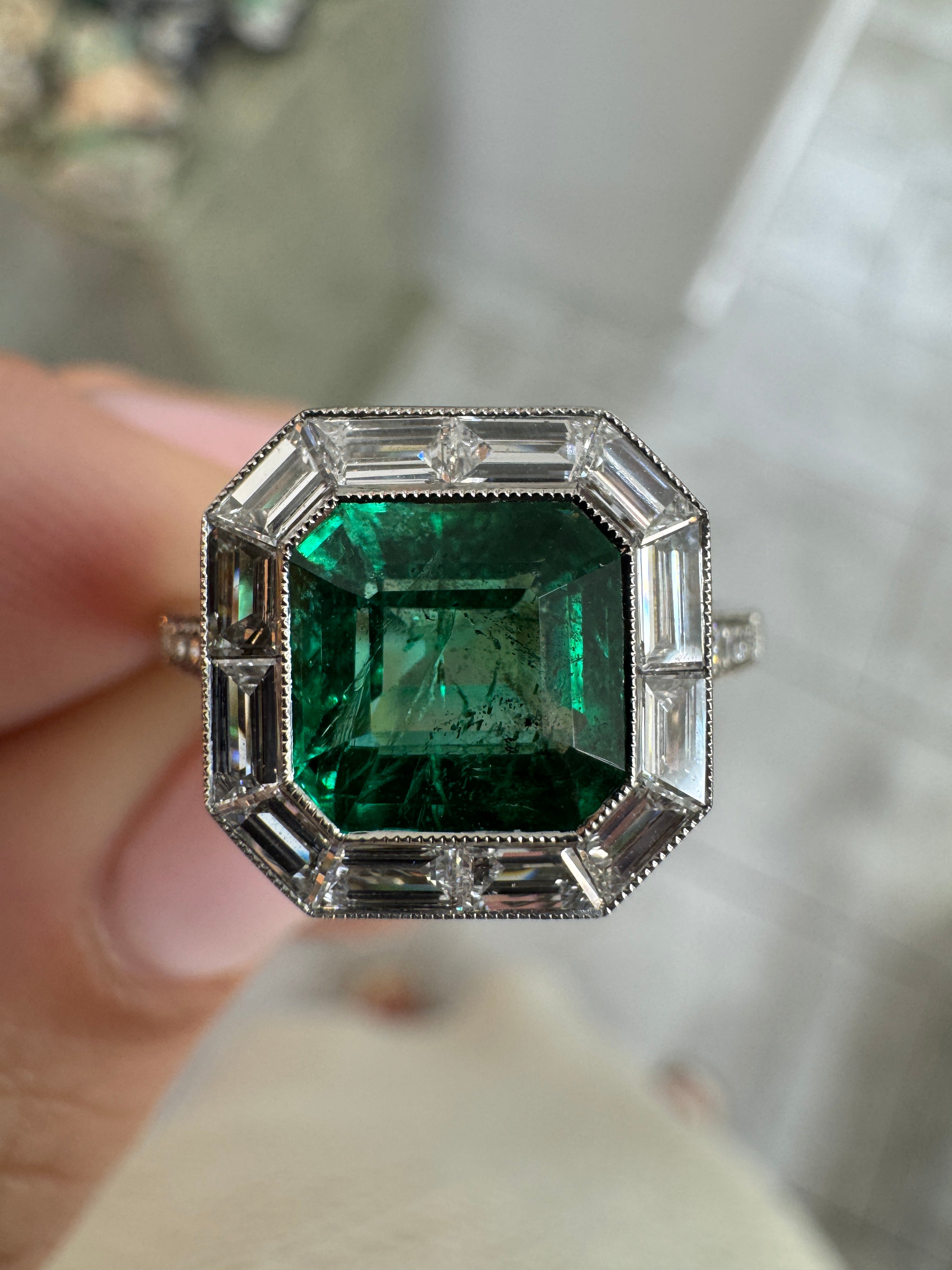 2.22tcw AAA+ Platinum Asscher Cut Emerald & Baguette Diamond Halo Art Deco Ring