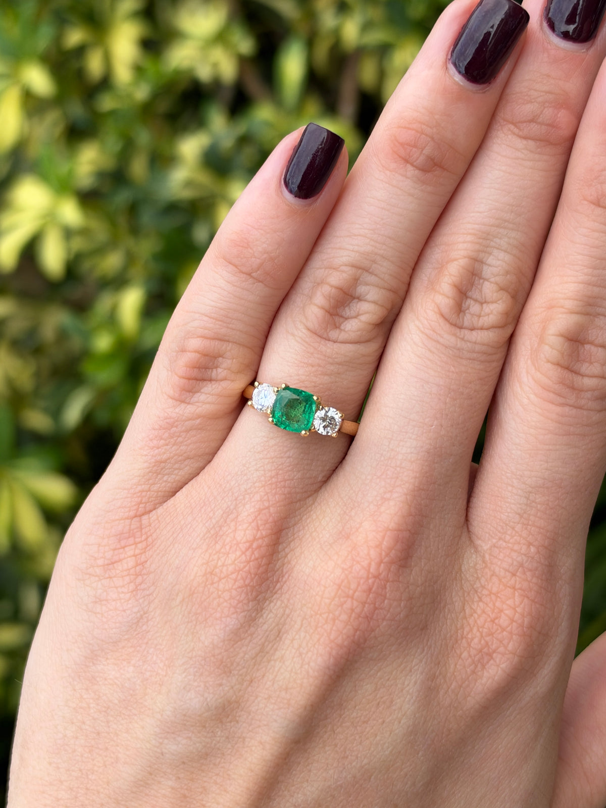 2.55tcw 18K Natural Cushion Cut Emerald & Round Lab Diamond Three Stone Ring