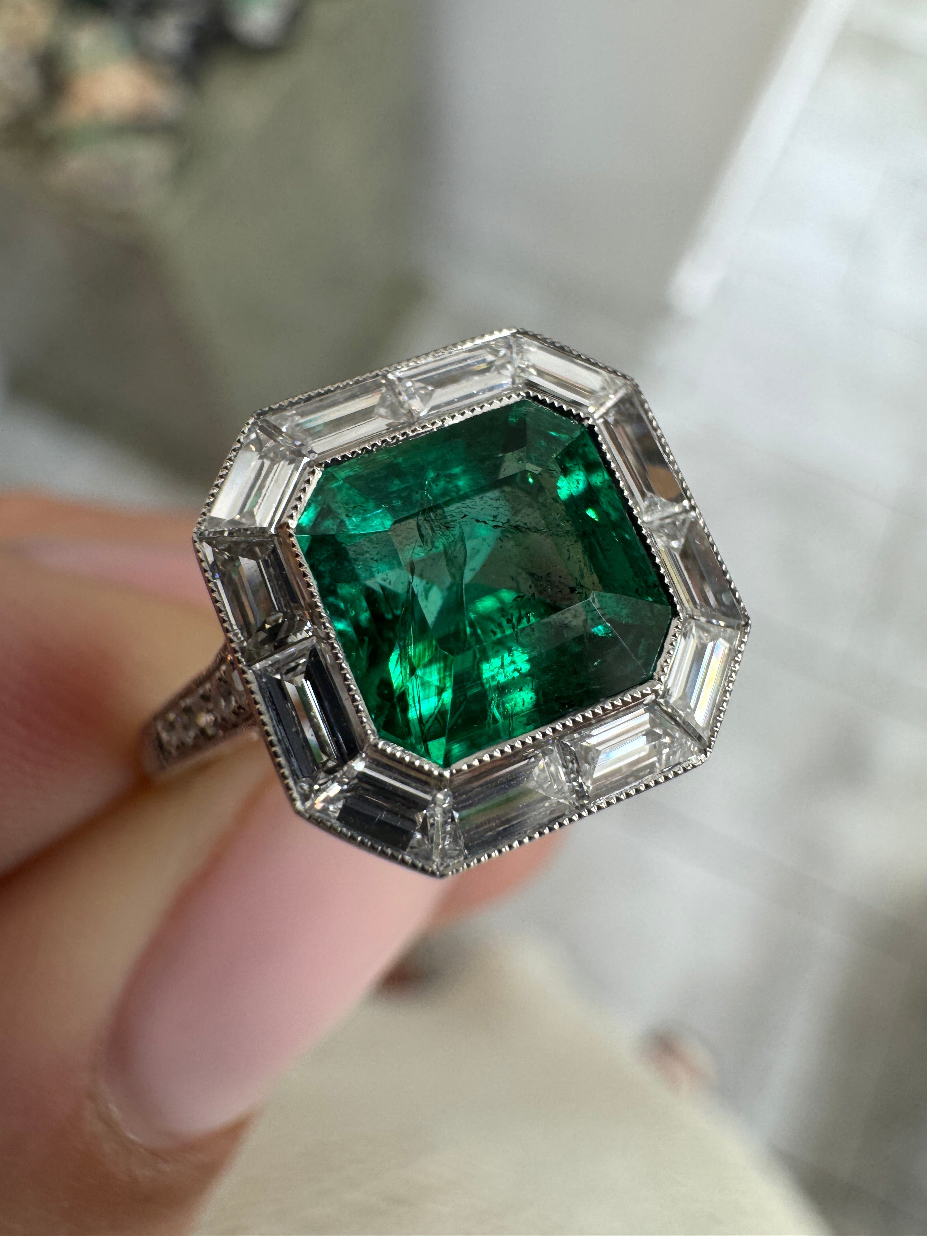 2.22tcw AAA+ Platinum Asscher Cut Emerald & Baguette Diamond Halo Art Deco Ring