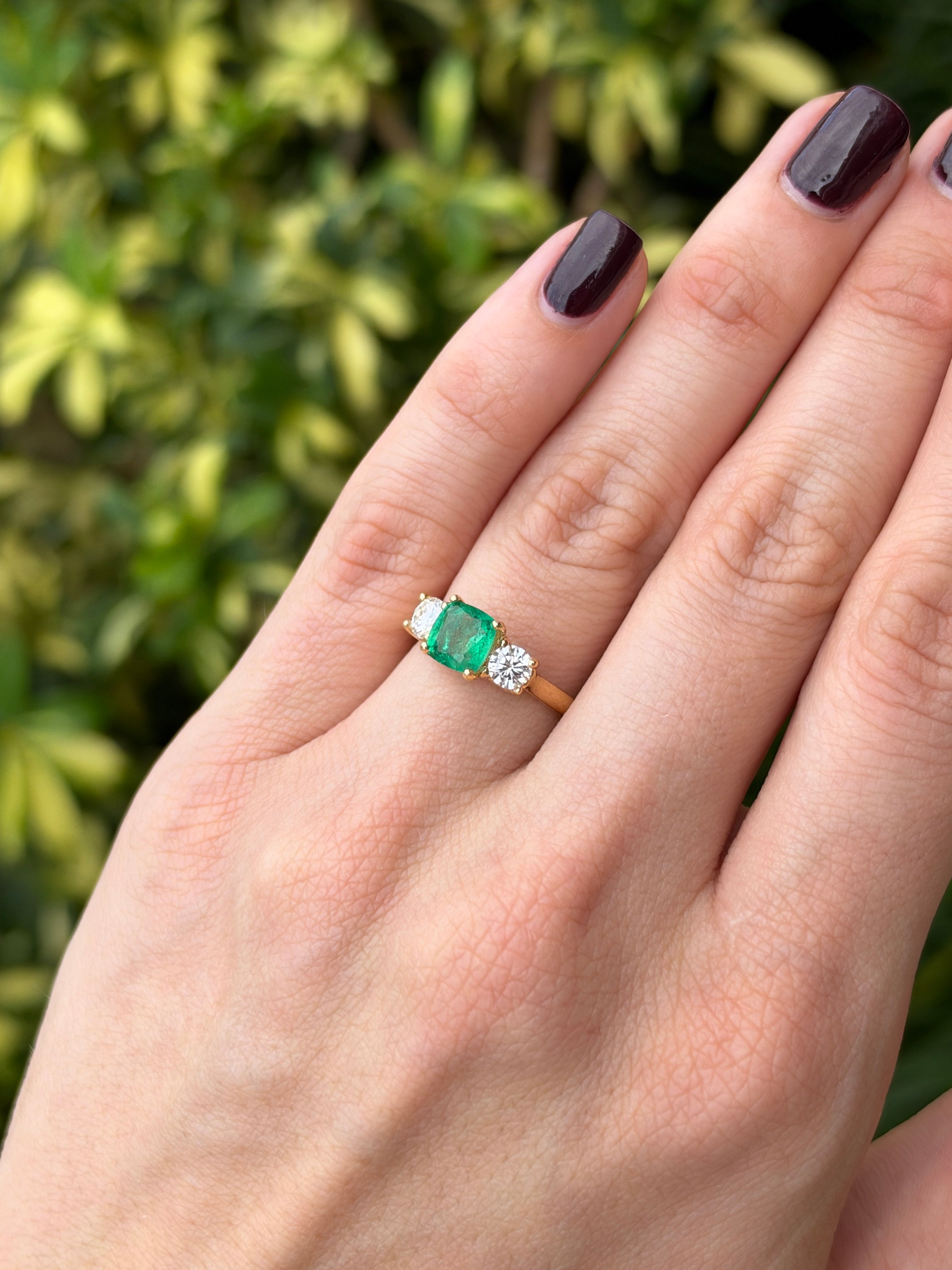 2.55tcw 18K Natural Cushion Cut Emerald & Round Lab Diamond Three Stone Ring