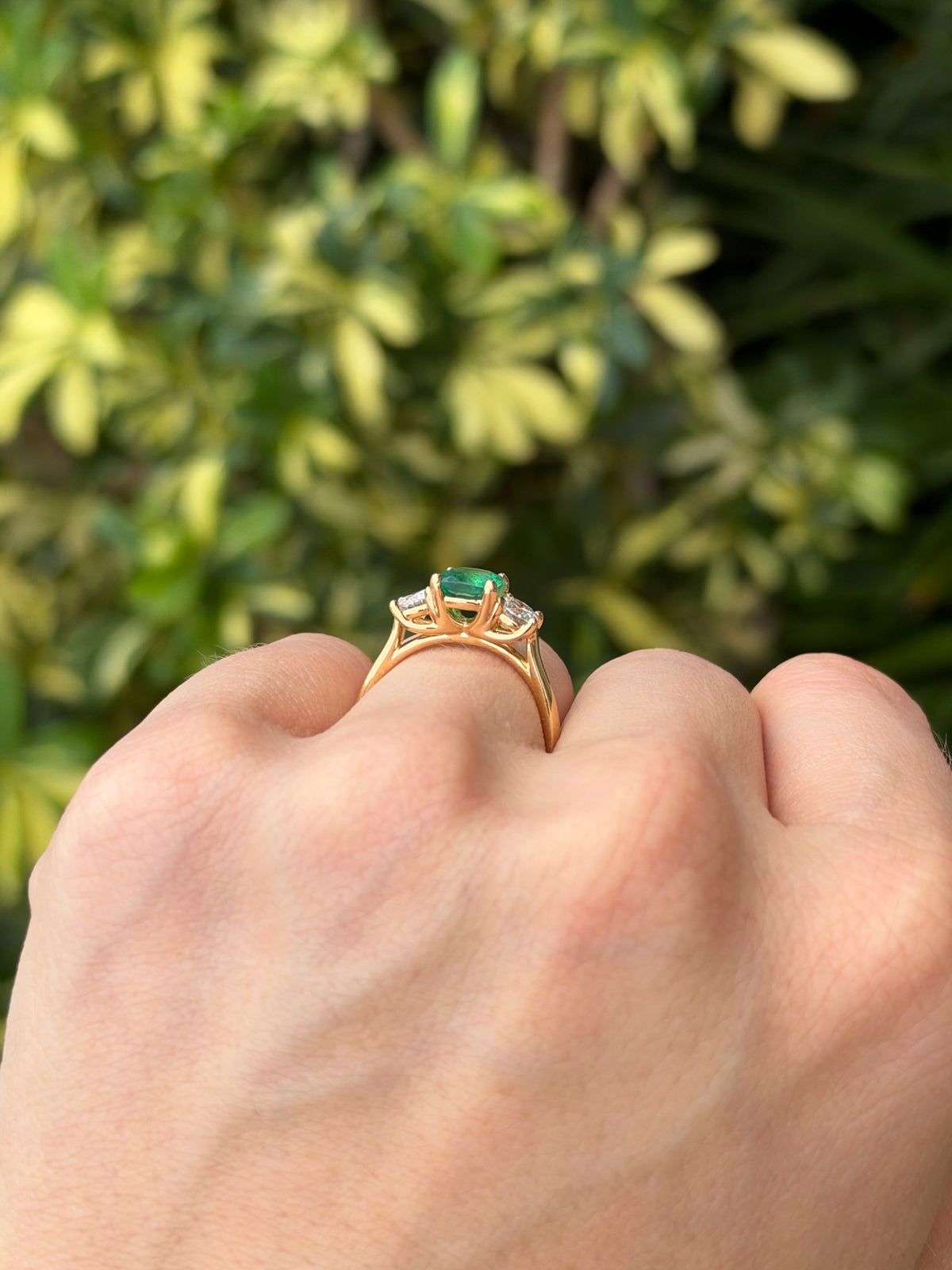 2.55tcw 18K Natural Cushion Cut Emerald & Round Lab Diamond Three Stone Ring