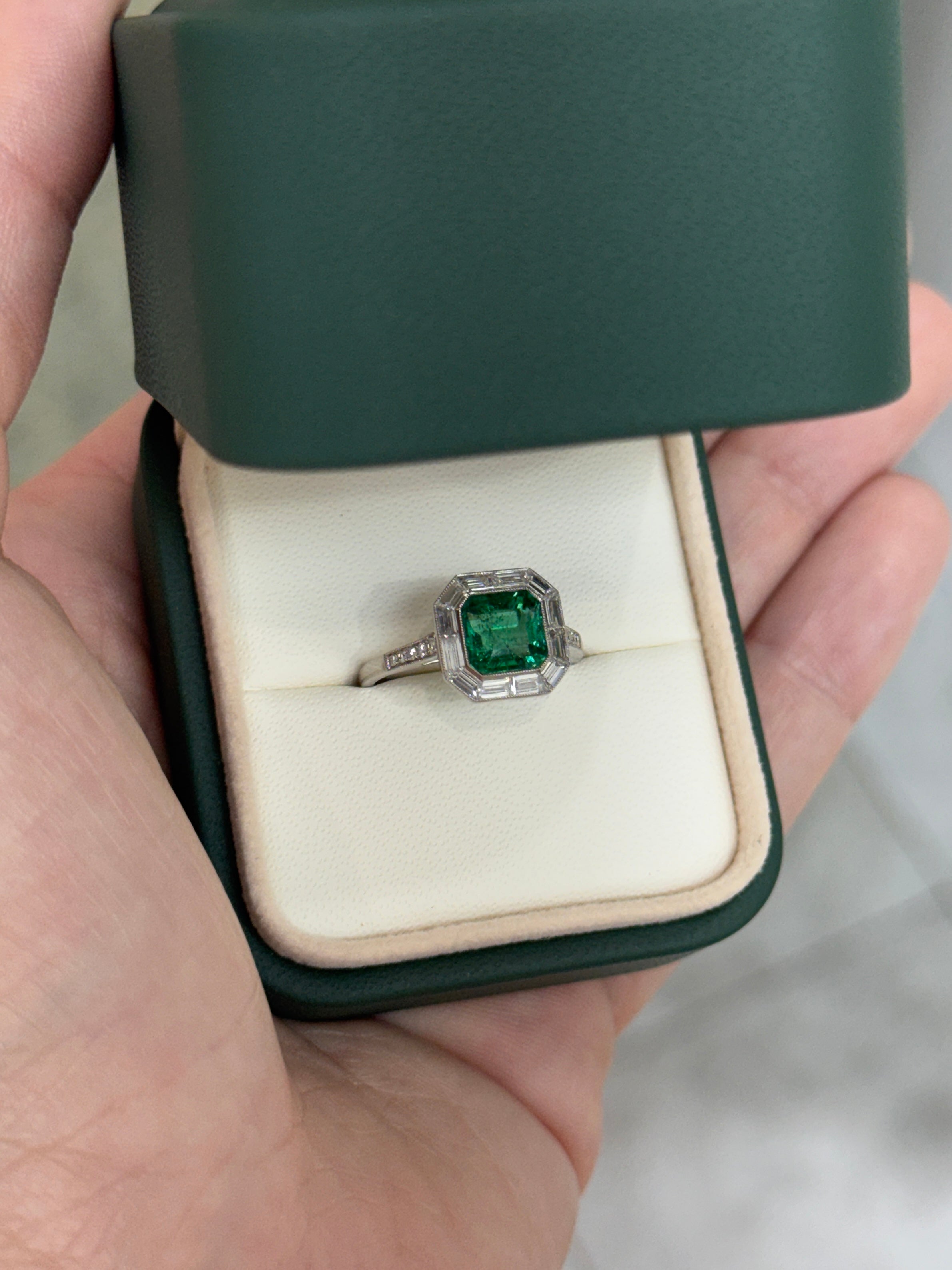 2.22tcw AAA+ Platinum Asscher Cut Emerald & Baguette Diamond Halo Art Deco Ring