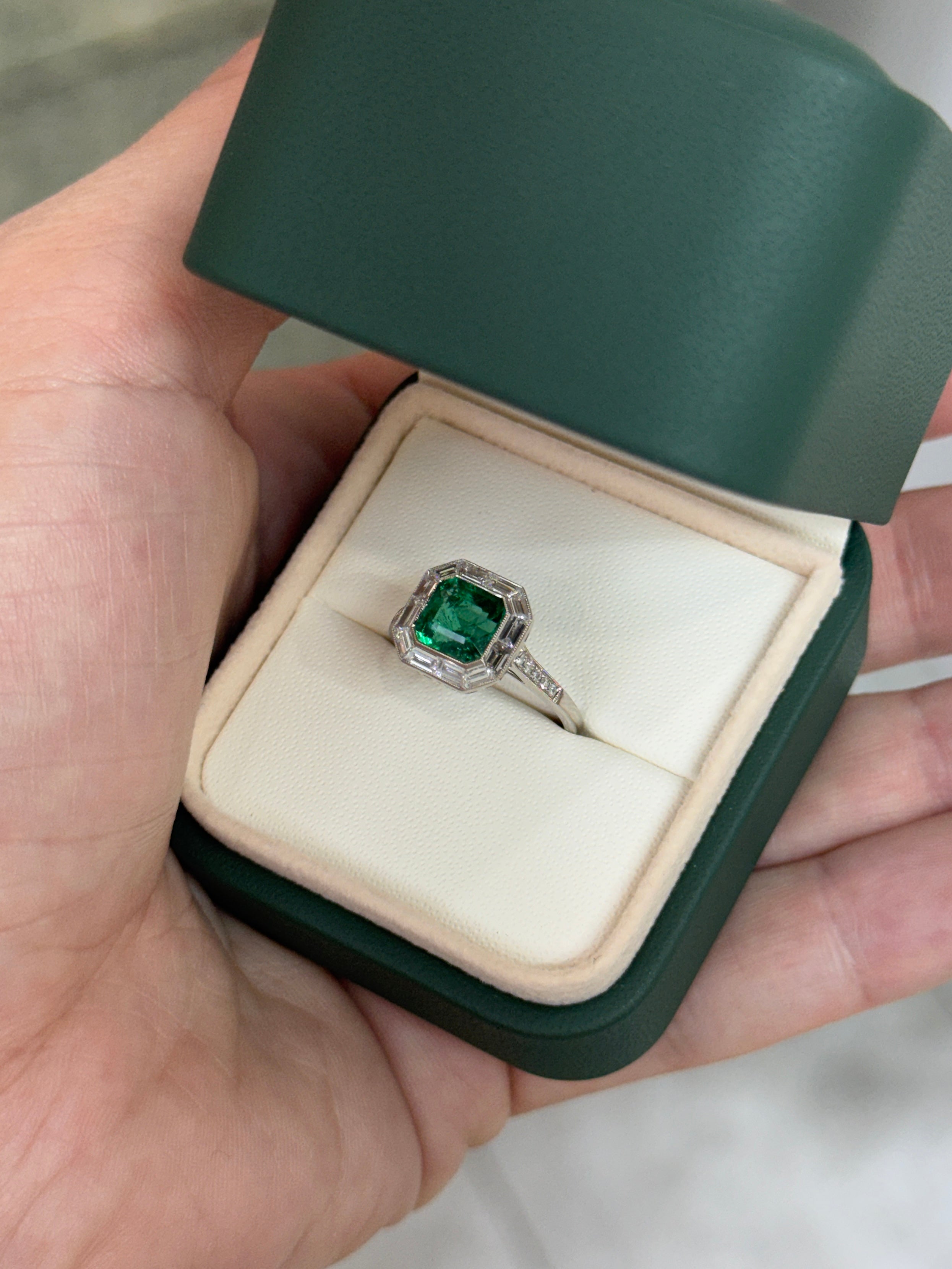 2.22tcw AAA+ Platinum Asscher Cut Emerald & Baguette Diamond Halo Art Deco Ring